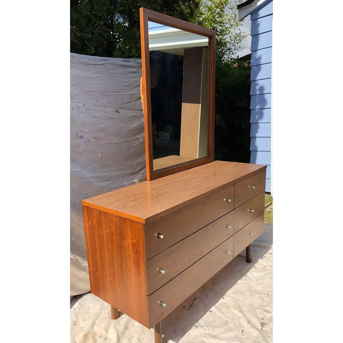 Walnut Mid-Century Modern Dresser and Mirror Set by Stanley Furniture