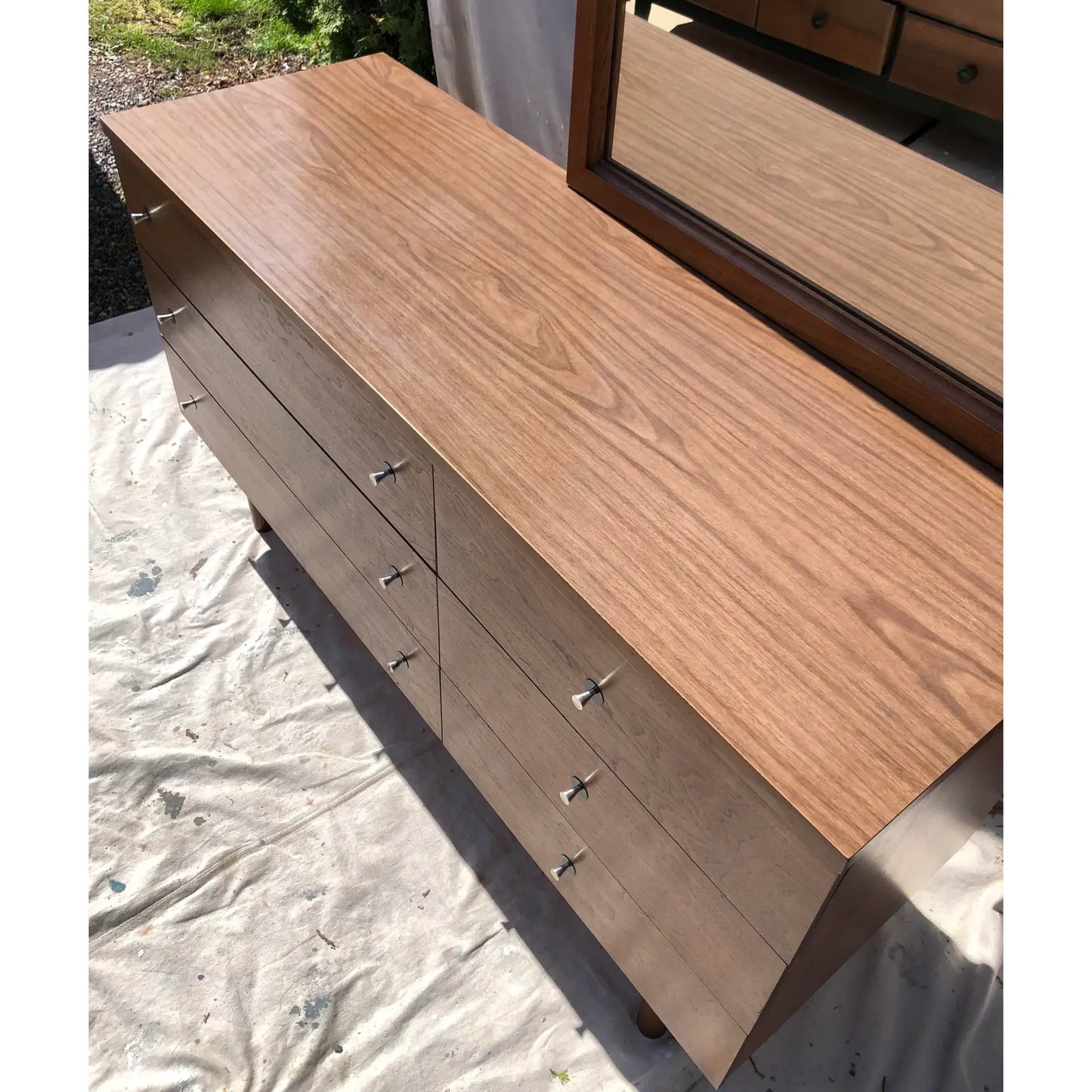 Walnut Mid-Century Modern Dresser and Mirror Set by Stanley Furniture