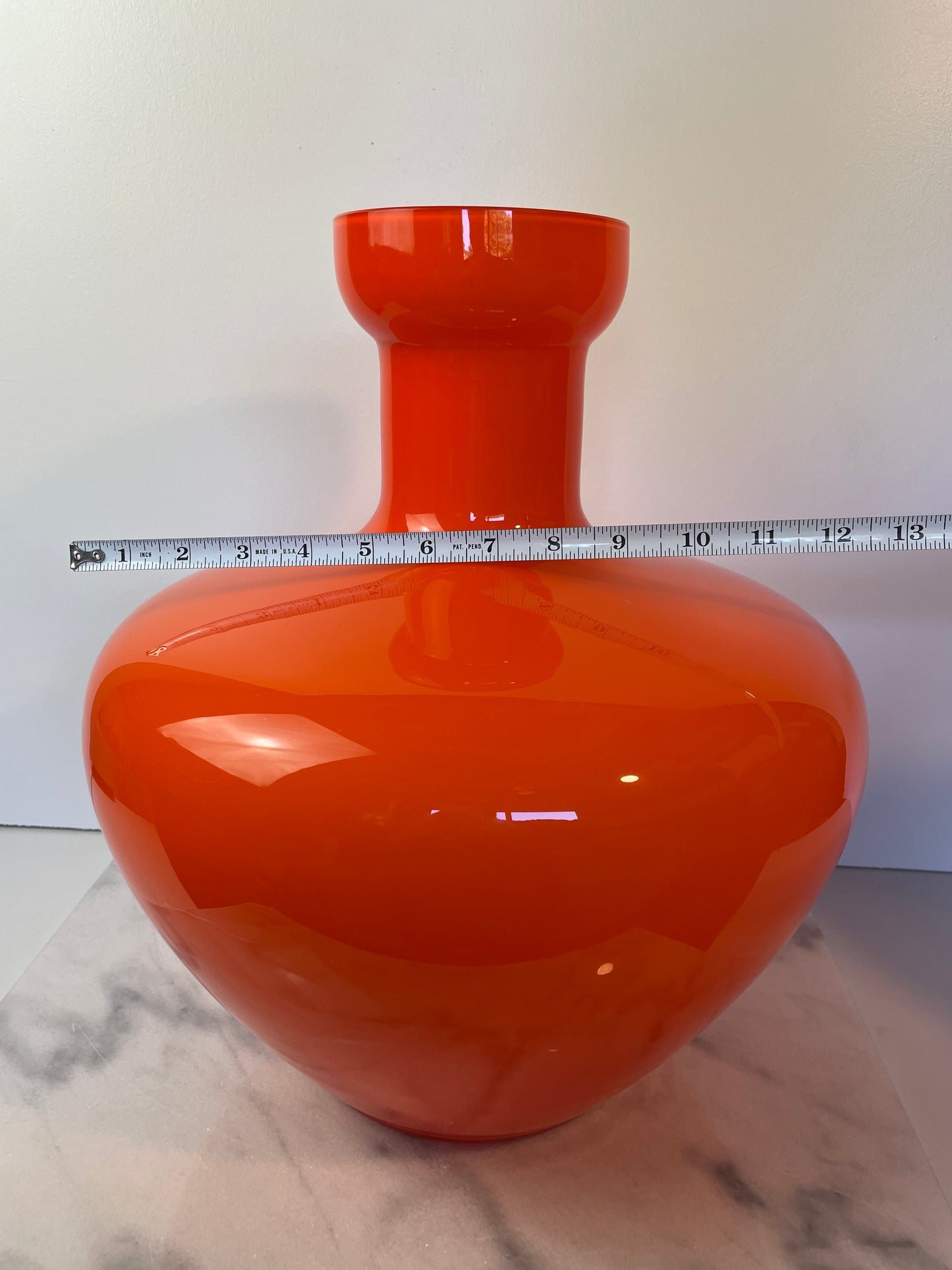 Large Scale Murano Orange Cased Glass Vase in the Manner of Carlo Moretti.