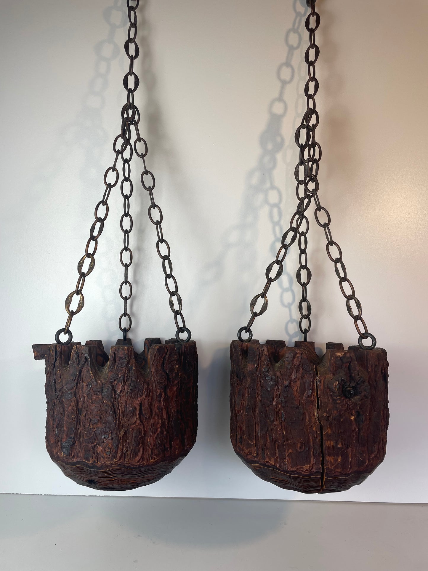 Mid 20th Century Rustic Mission Style Redwood Swag Chain Hanging Planters - A Pair
