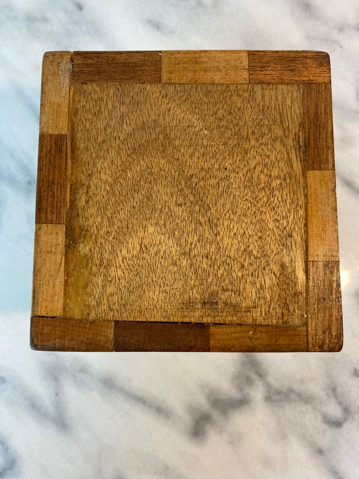 20th C. Mid-Century Modern Handcrafted Checkerboard Inlay Mixed Wood Cube Pen Holder or Planter