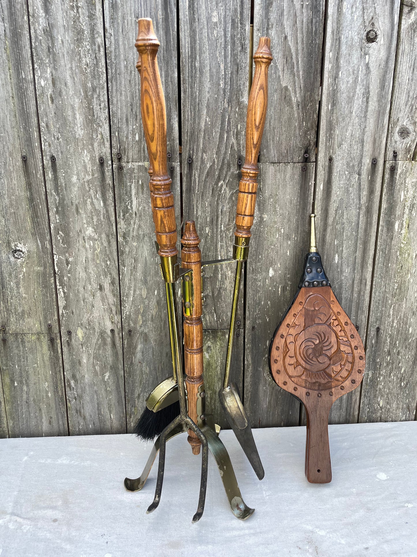 Mid-Century Oak Handled Fireplace Tools Set With Brass Accents and Stand- 5 Pieces