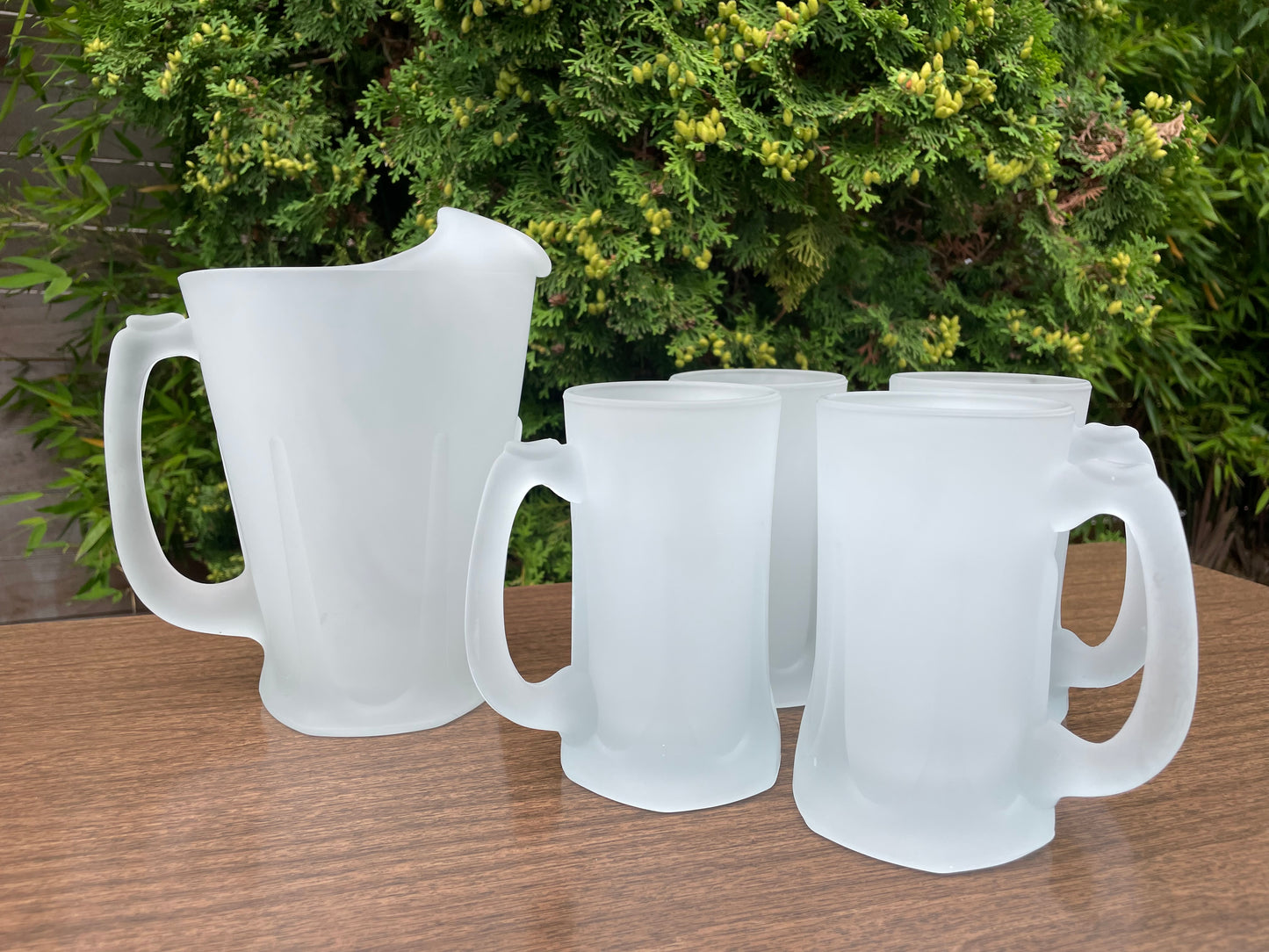 1970s Mid-Century Modern Frosted Sculpted Glass Pitcher & Mugs - Set of 5