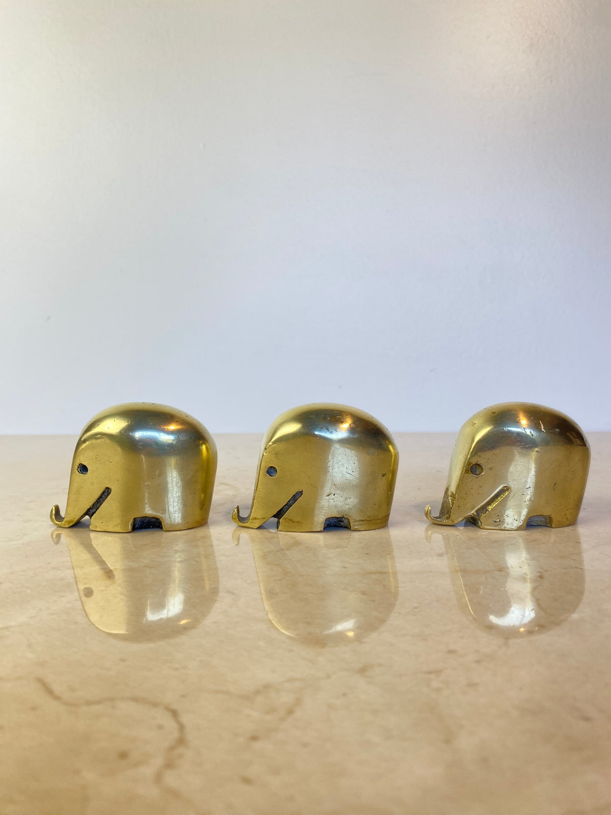 Set of 3 Vintage Solid Brass 'Drumbo' Elephant Paperweights, Dresdner Bank, Attributed to Luigi Colani