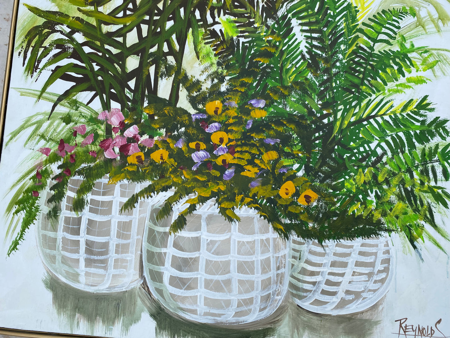 Oversized 40" Lee Reynolds "Three Botanical Baskets" Vanguard Studios Oil Painting