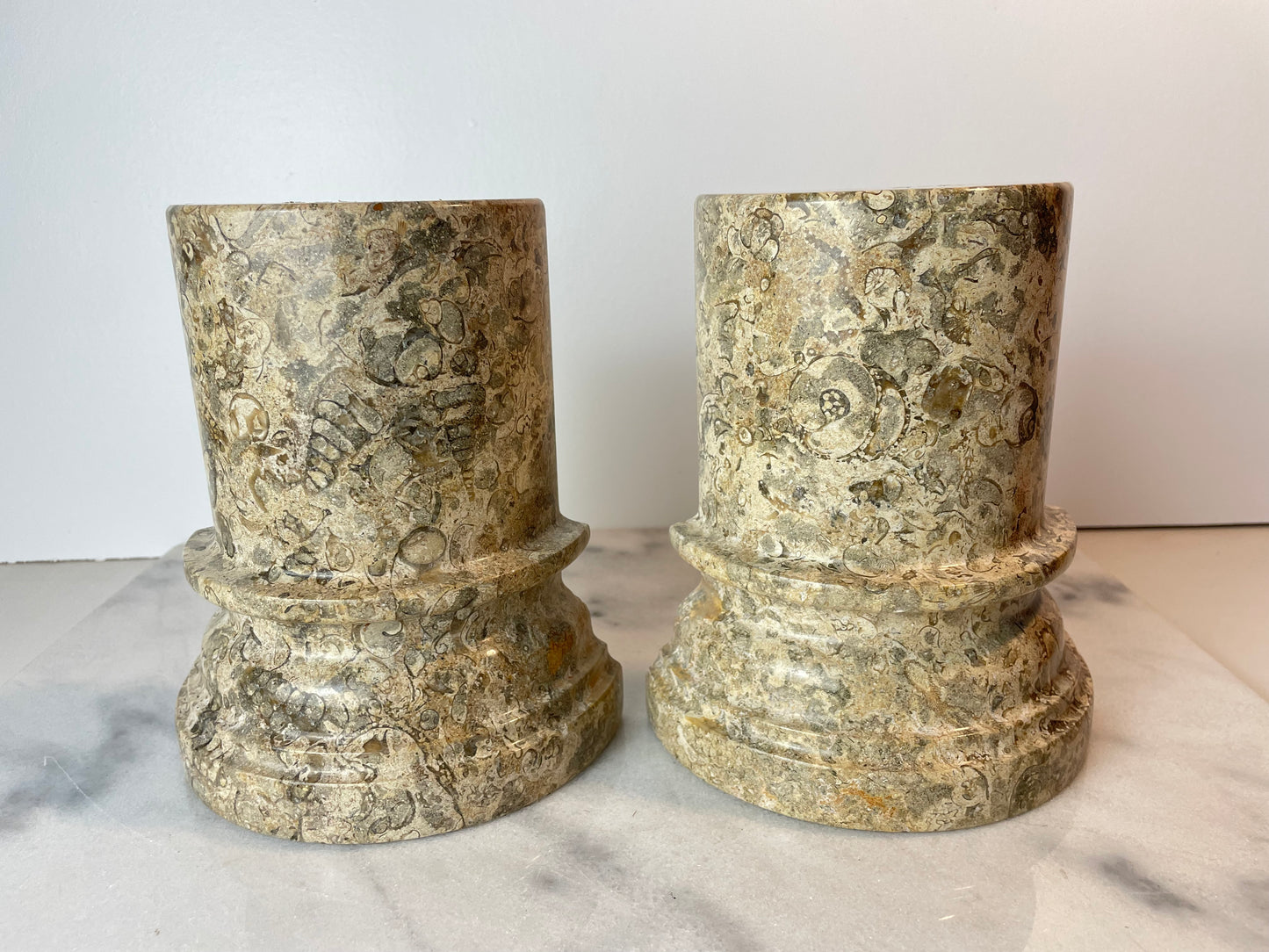 1980s Postmodern Fossil Stone Column Bookends Sculptural Natural Stone Pair