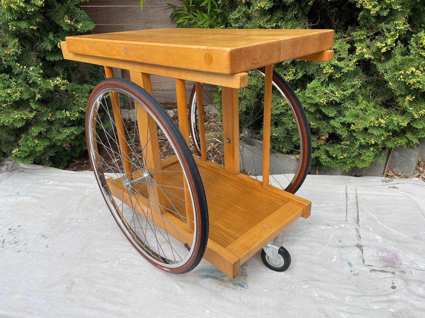 Bill W Saunders, Chopping Block on Bicycle Wheels Bar Cart Pasadena Art Design