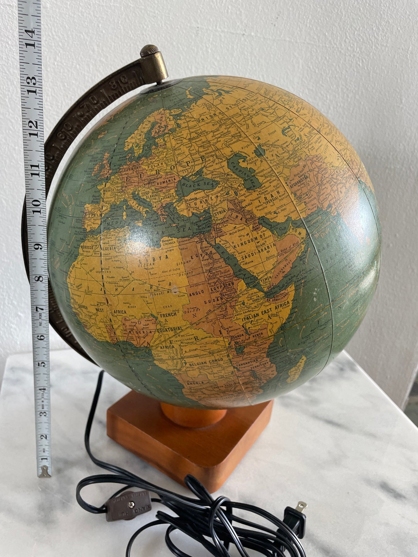 1941 George F Cram Terrestrial Glass Illuminated Globe