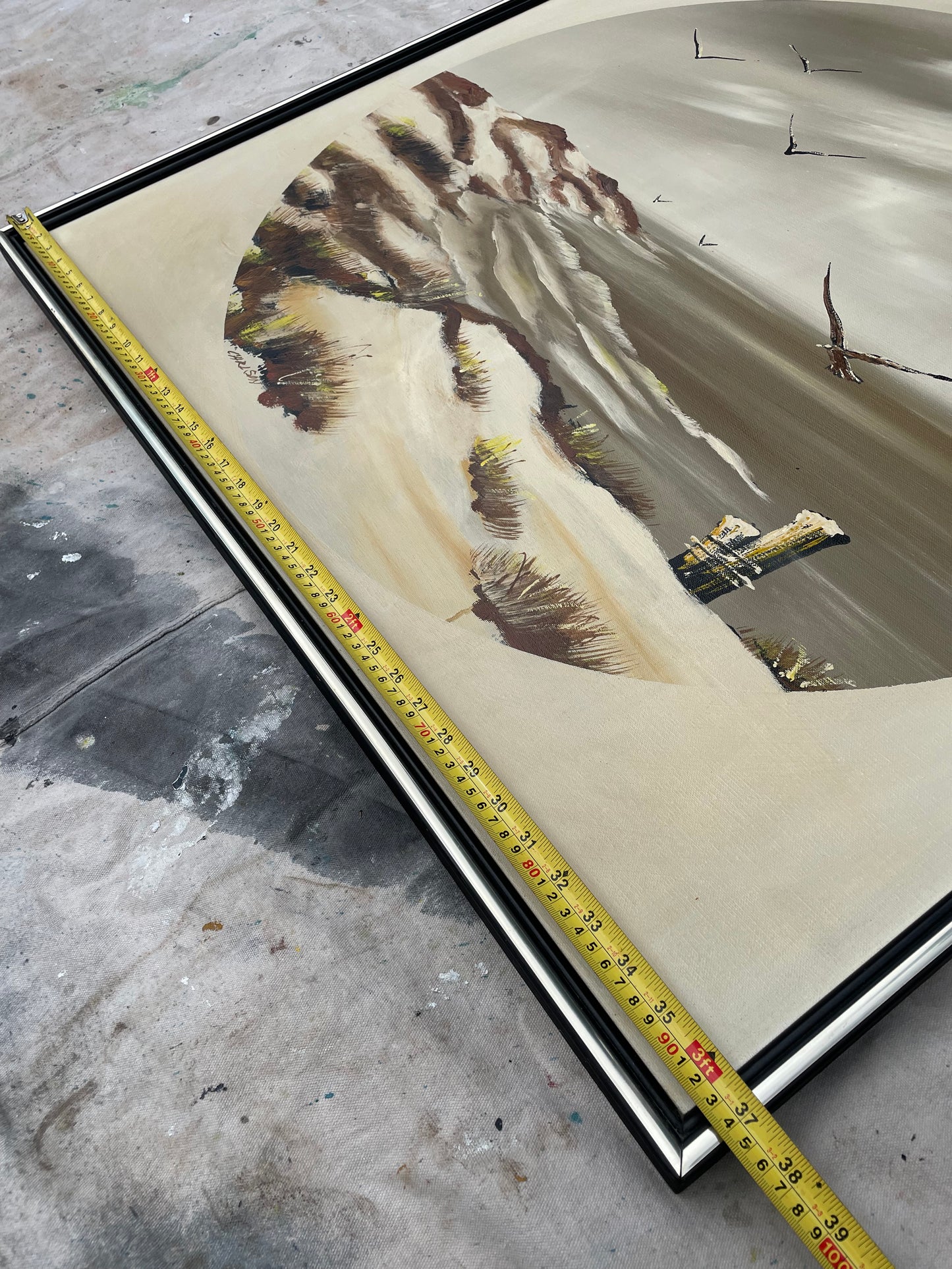 Mid 20th Century Signed Carlson Seascape Oil Painting – Gulls & Dunes on Canvas