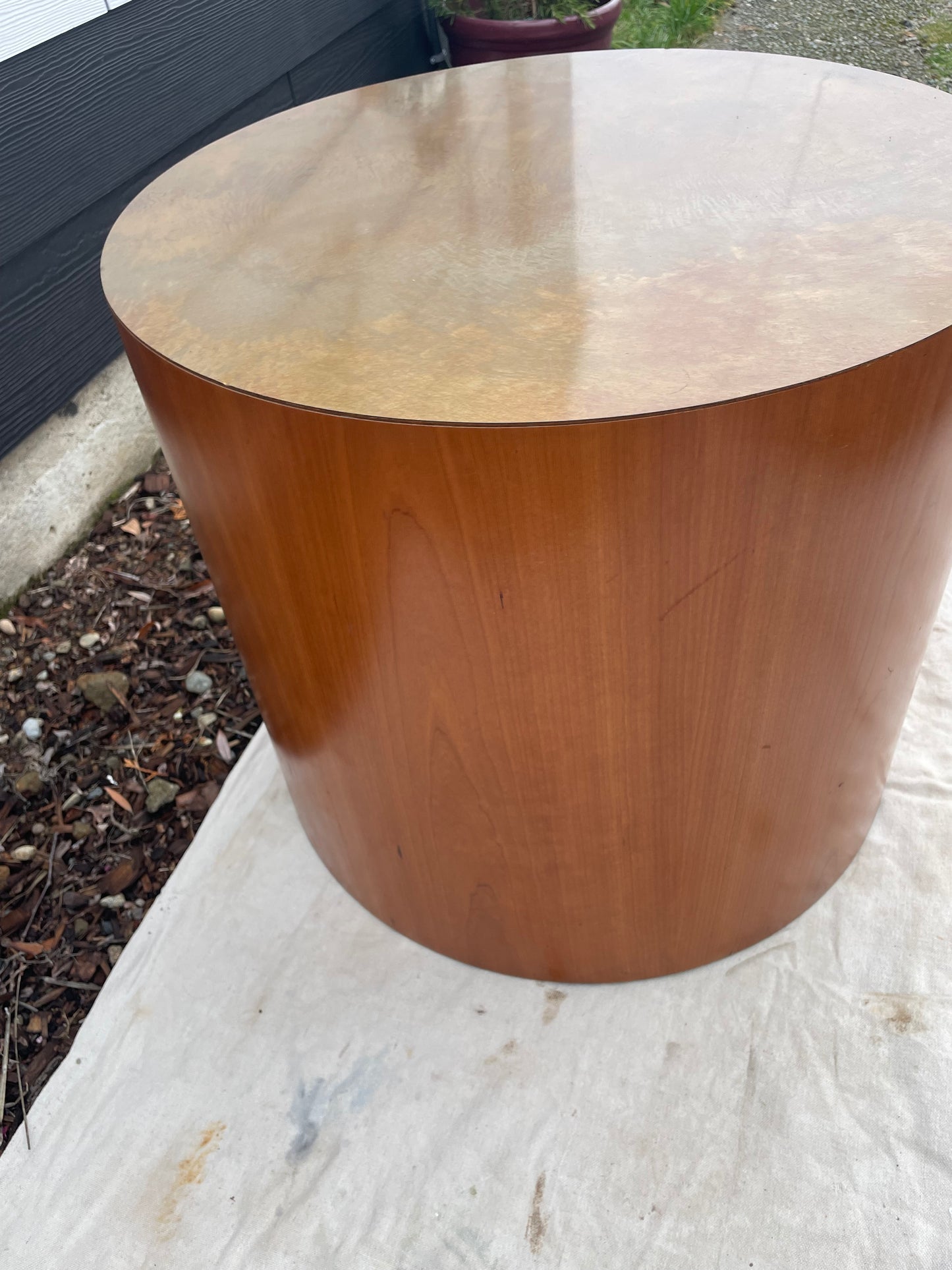 Late 20th Century Paul Mayen Style Cherry Wood Drum Table With Oxidized Metal Top