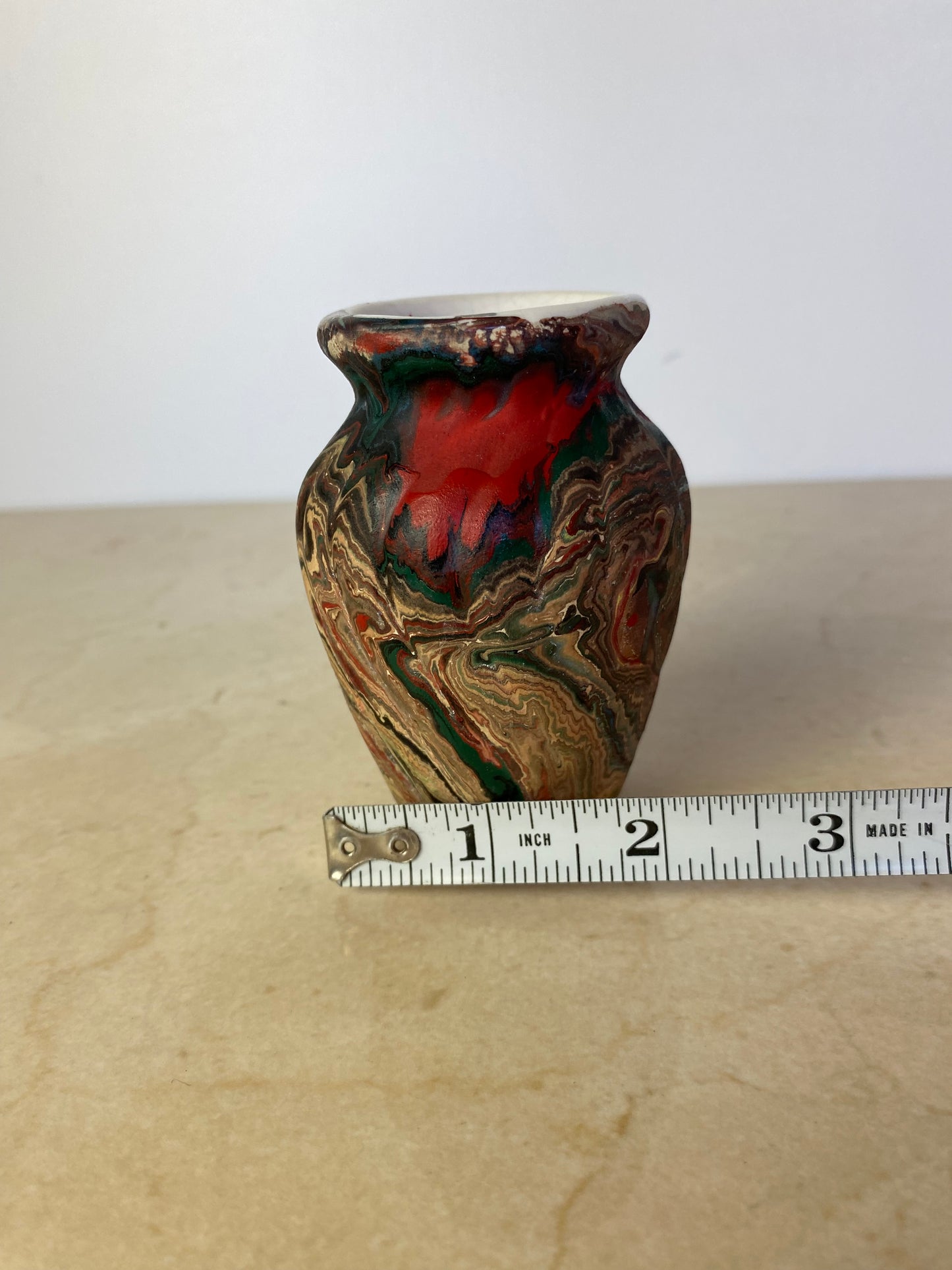 Vintage Marbled Porcelain Bud Vase in the Style of Nemadji or Ozark Pottery, Swirl Glaze Ceramic Vessel