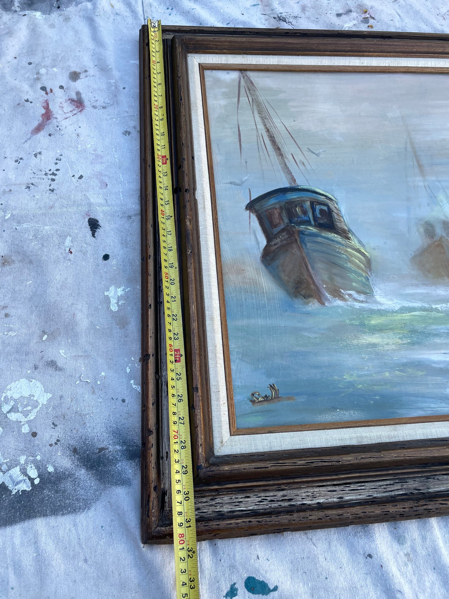 Nautical Seascape Fishing Boats Framed Vintage Oil on Board