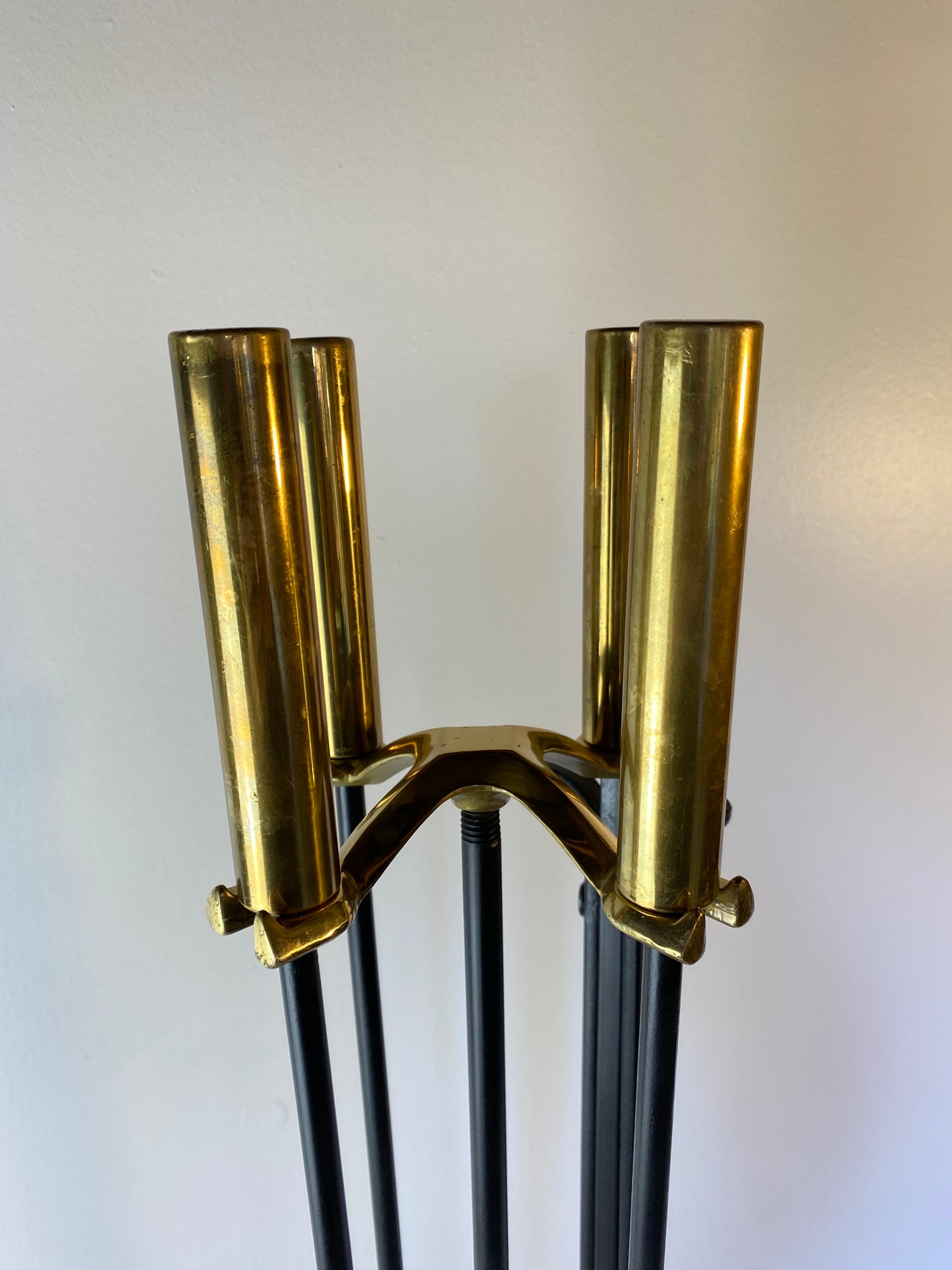 Modern Brass and Black Metal Fireplace Tool Set 4-Piece With Stand