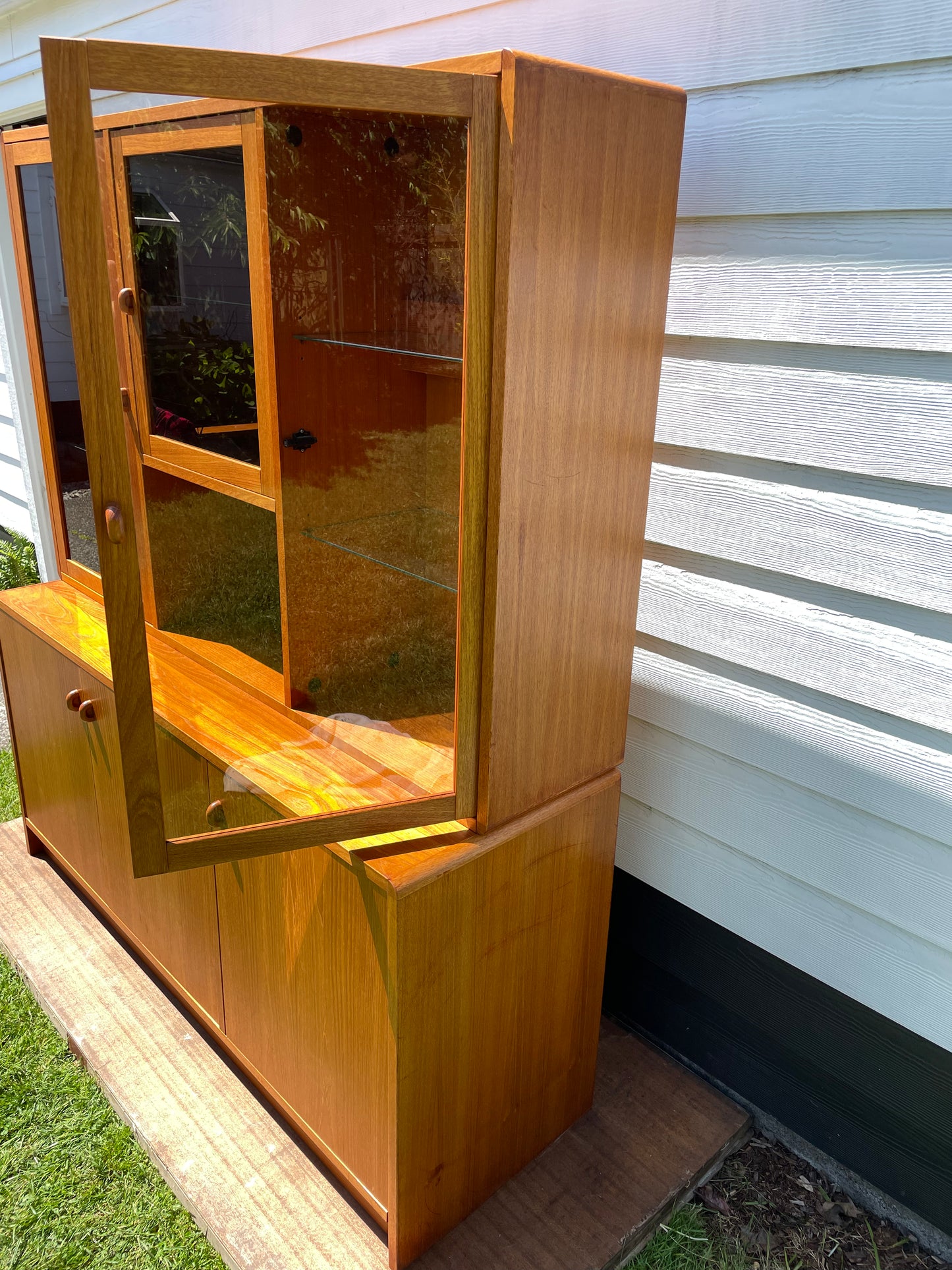 Mid-Century Danish Modern Teak Credenza W/ Lighted Glass Hutch