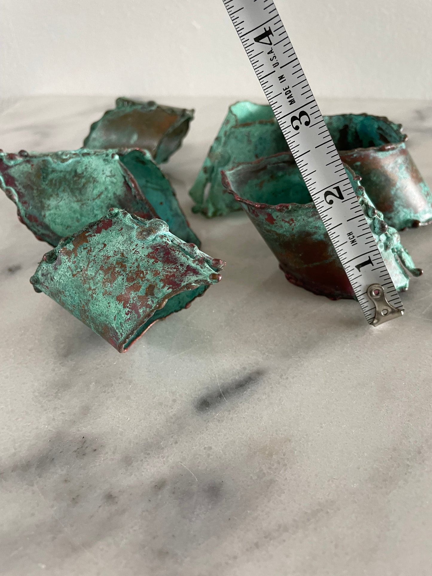 Mid 20th Century Rustic Verdigris Patina Copper Napkin Rings - Set of 6