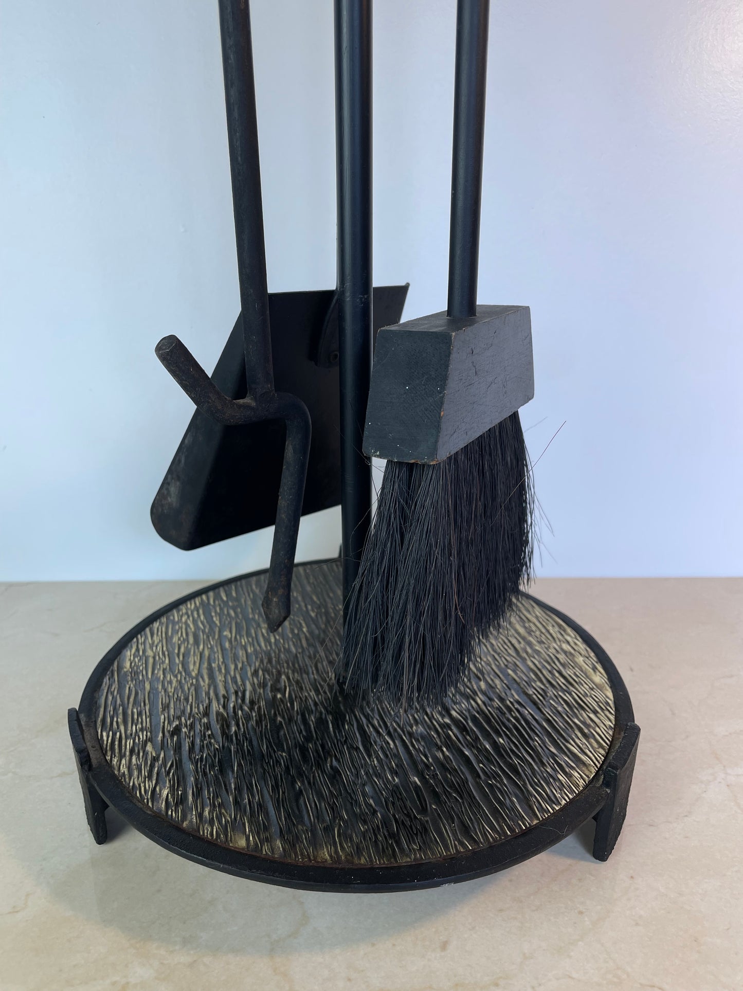 Mid-Century Modern Black Iron & Brass Fireplace Tool Set With Stand