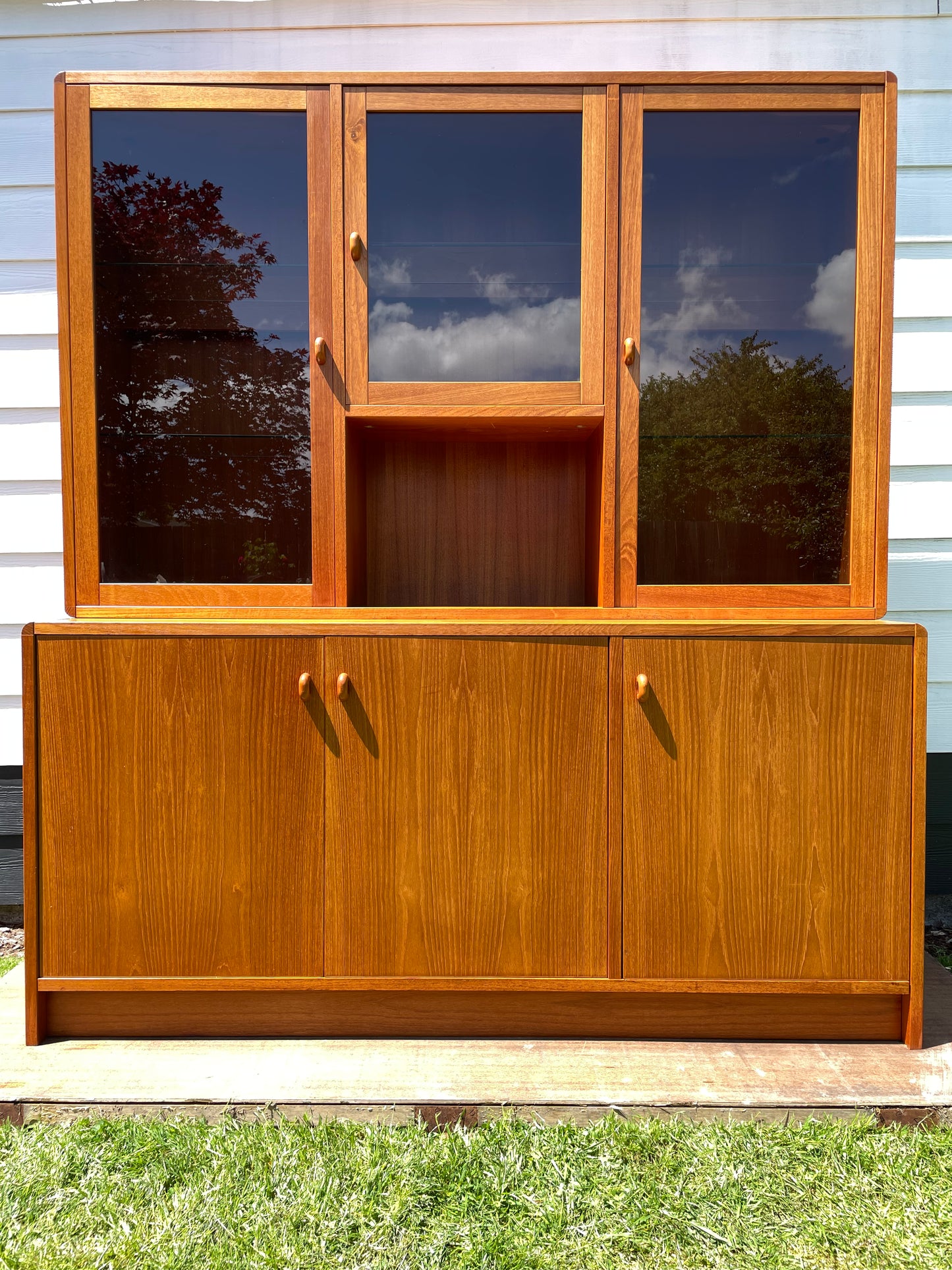 Mid-Century Danish Modern Teak Credenza W/ Lighted Glass Hutch