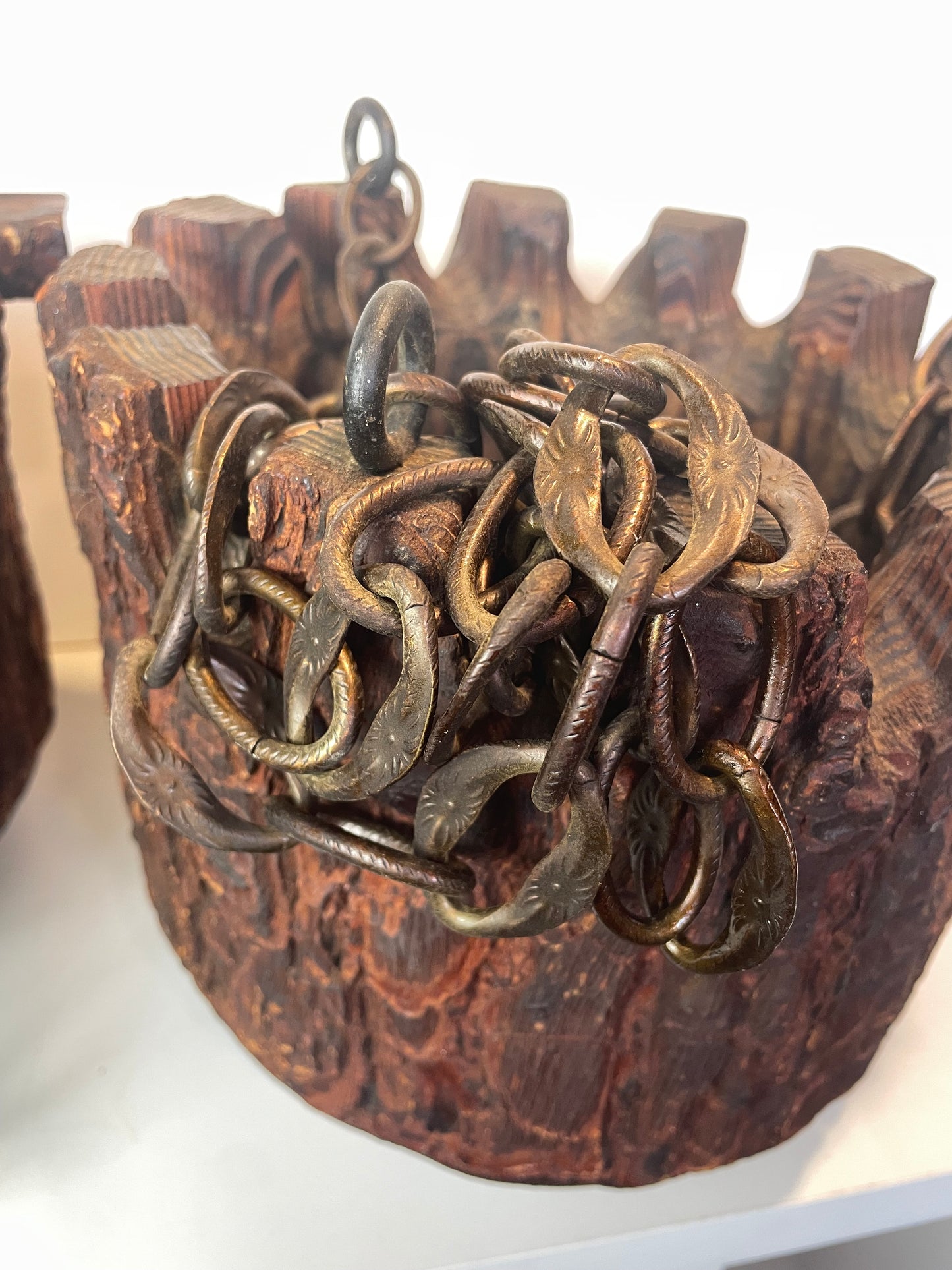 Mid 20th Century Rustic Mission Style Redwood Swag Chain Hanging Planters - A Pair