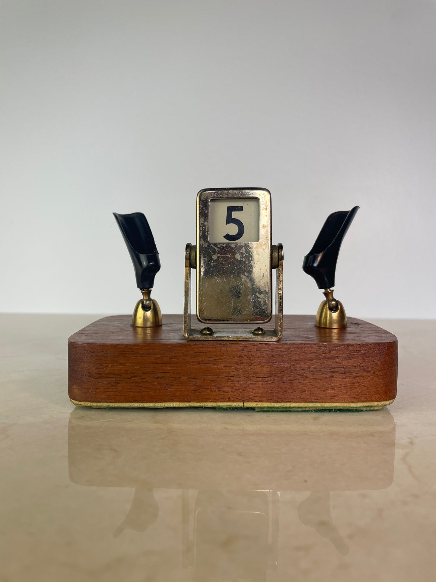 Mid-Century Brass & Walnut Perpetual Calendar Desk Set With Pen Holders