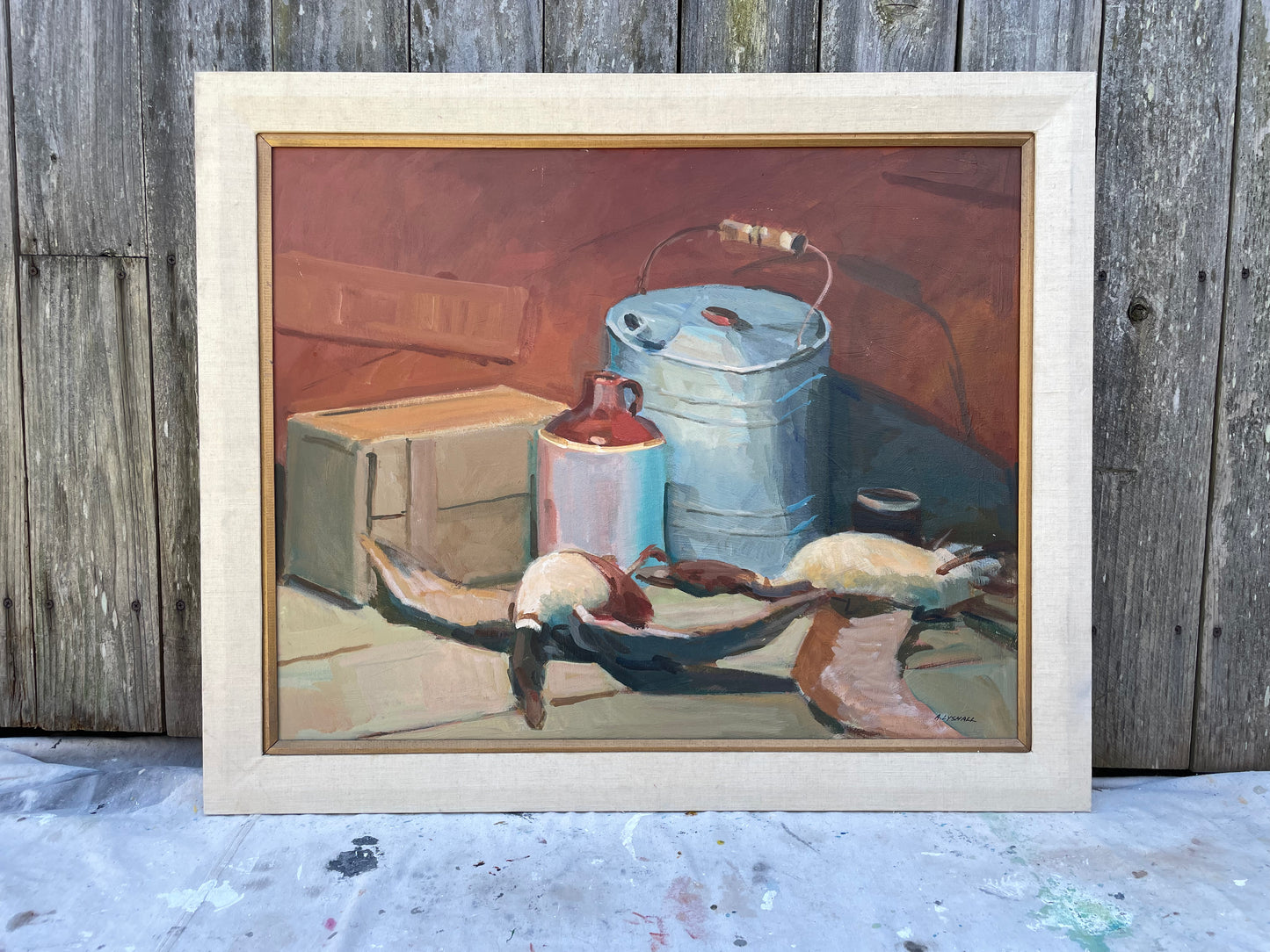 Mid 20th Century Vintage Still Life Oil on Canvas Original Painting, Rustic Scene With Geese, Framed