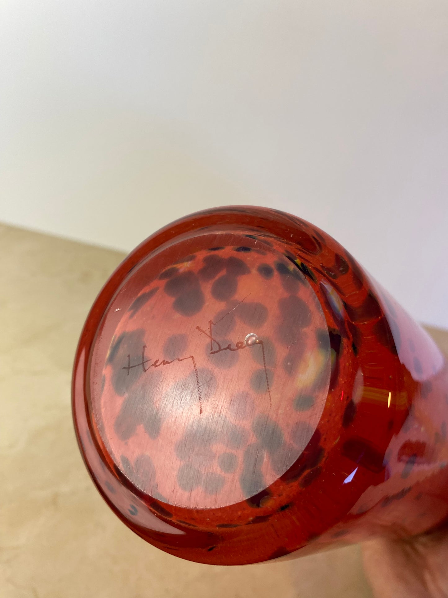Henry Dean Mouth-Blown Red & Black Speckled Glass Vase, Signed