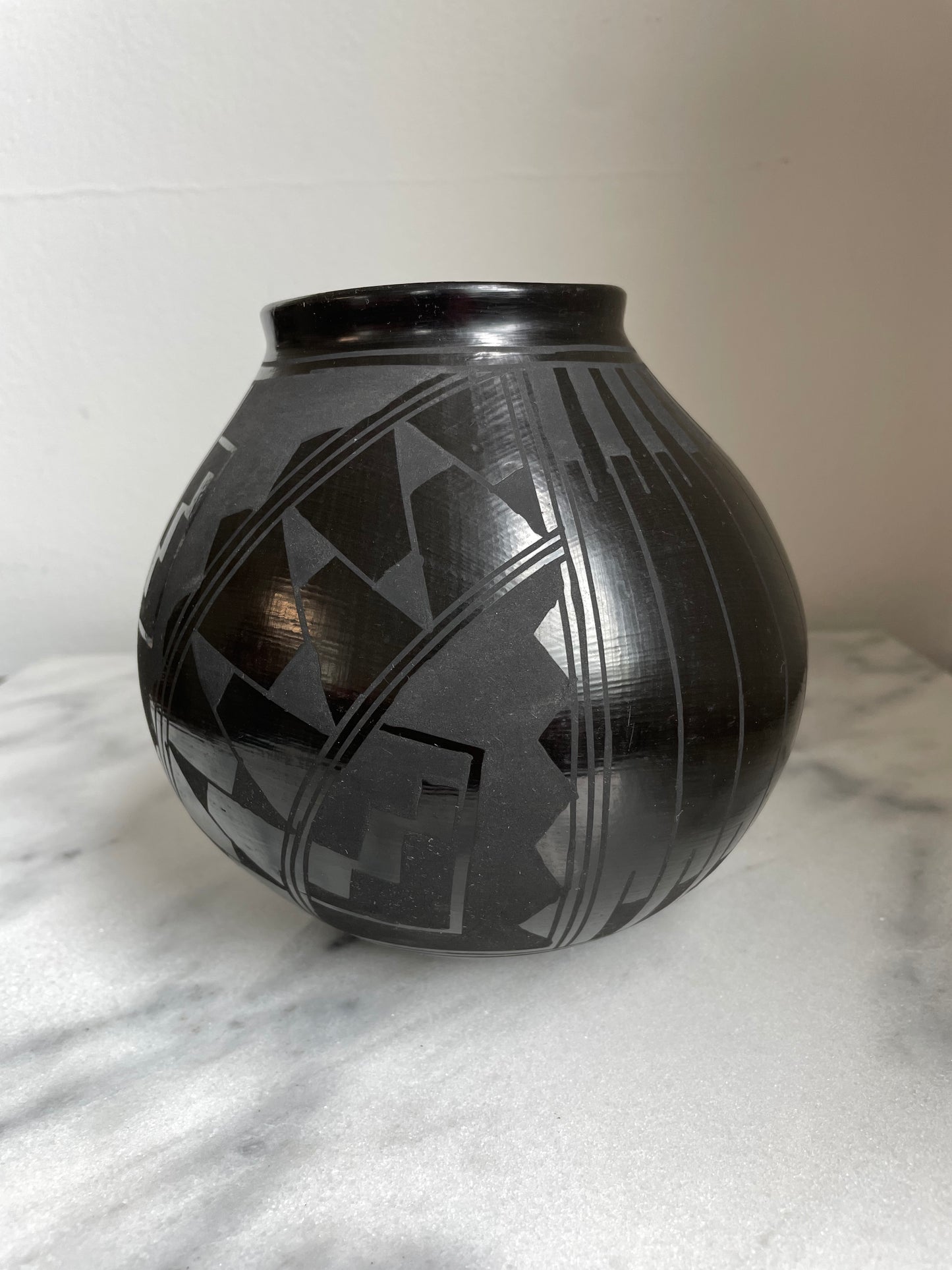 1990s Mata Ortiz Geometric Blackware Vase by David Ortiz