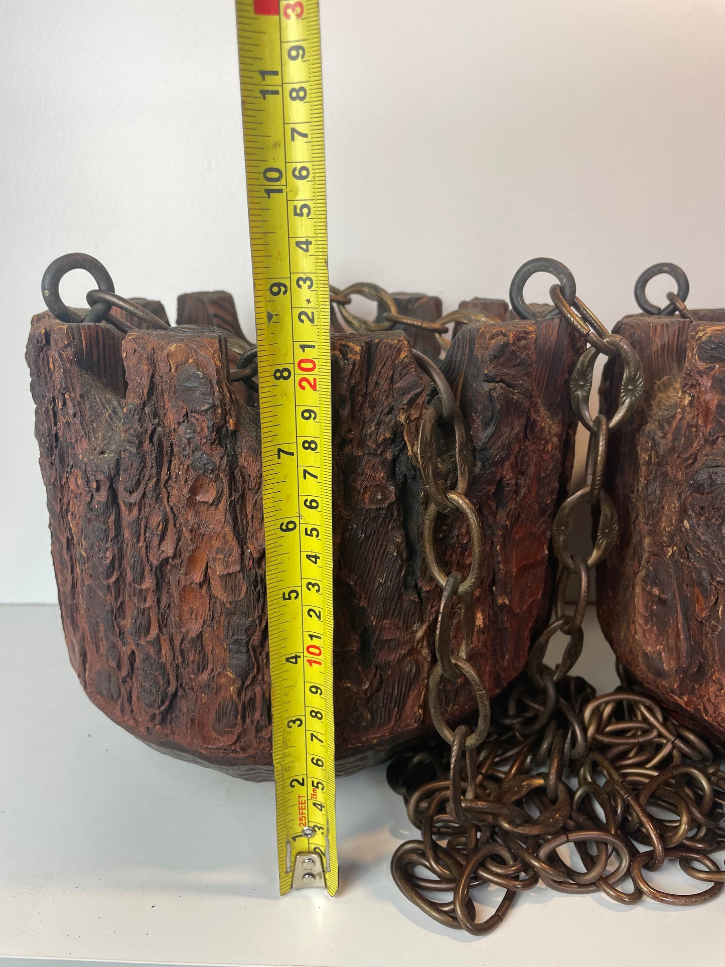 Mid 20th Century Rustic Mission Style Redwood Swag Chain Hanging Planters - A Pair