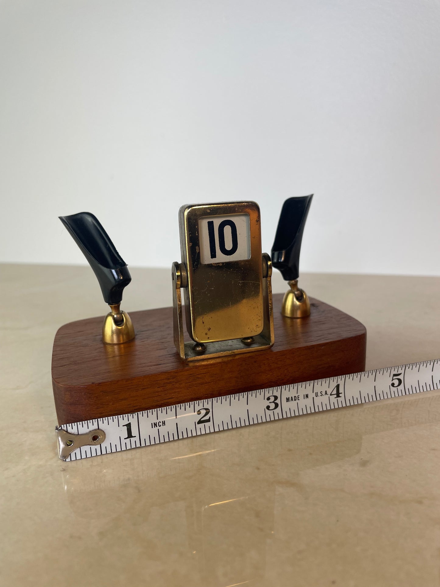 Mid-Century Brass & Walnut Perpetual Calendar Desk Set With Pen Holders