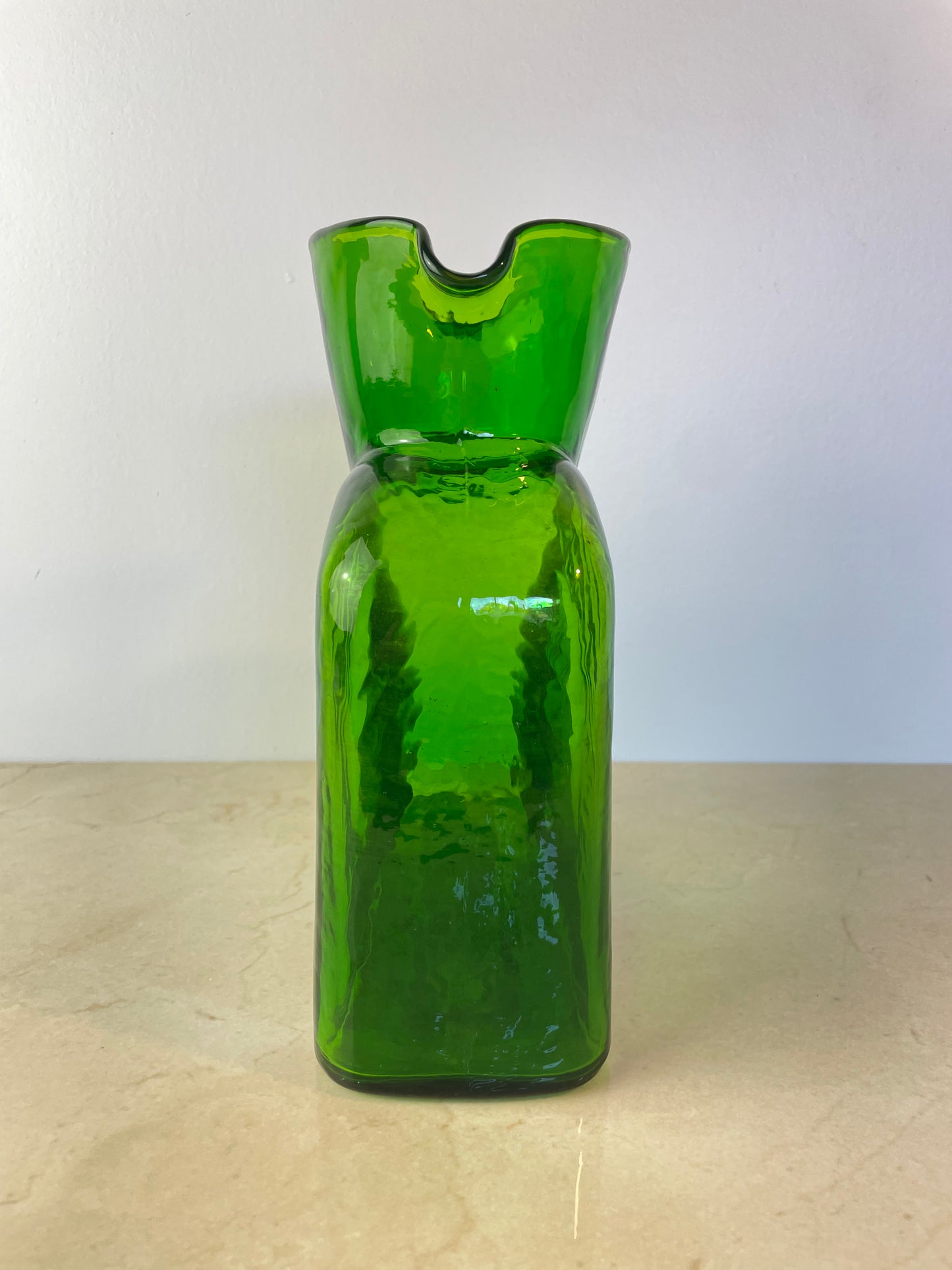 Mid 20th Century Blenko Emerald Green Double Spout Water Bottle Pitcher