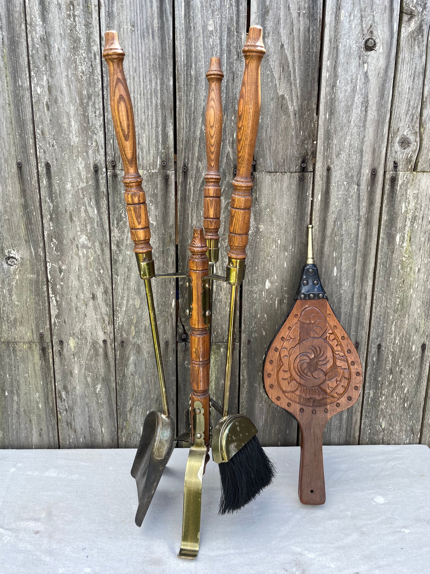 Mid-Century Oak Handled Fireplace Tools Set With Brass Accents and Stand- 5 Pieces