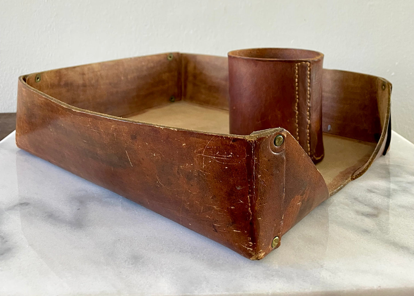 Vintage Cognac Distressed Leather Desk Accessories - Paper Tray & Pencil Cup- 2 Pieces