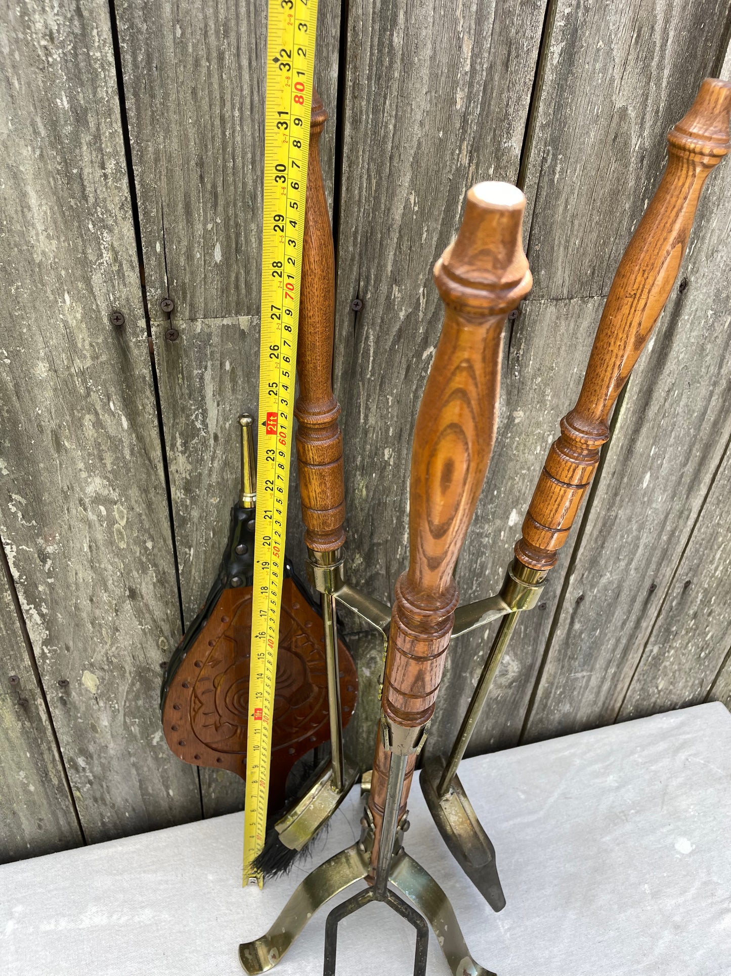 Mid-Century Oak Handled Fireplace Tools Set With Brass Accents and Stand- 5 Pieces