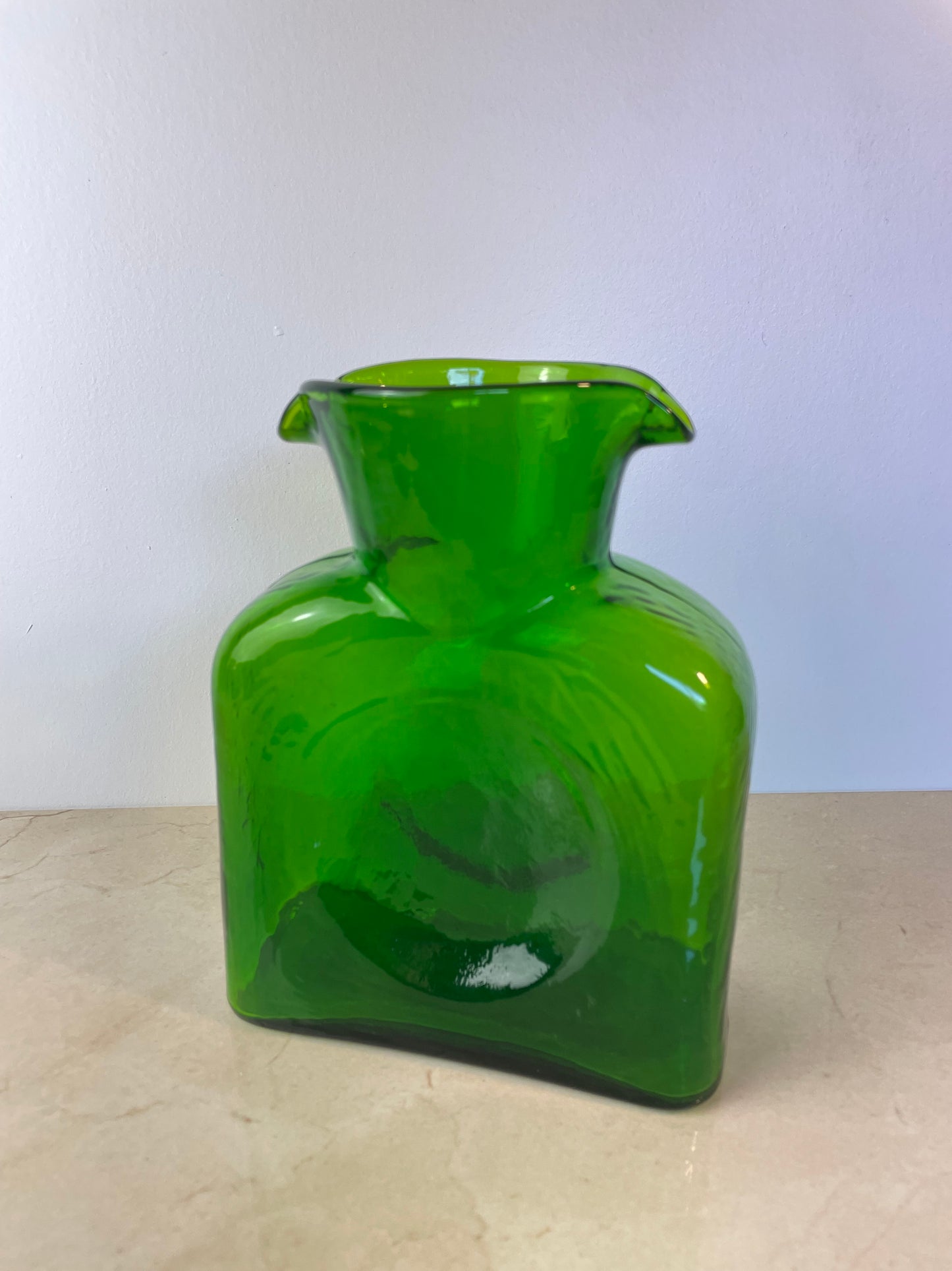 Mid 20th Century Blenko Emerald Green Double Spout Water Bottle Pitcher