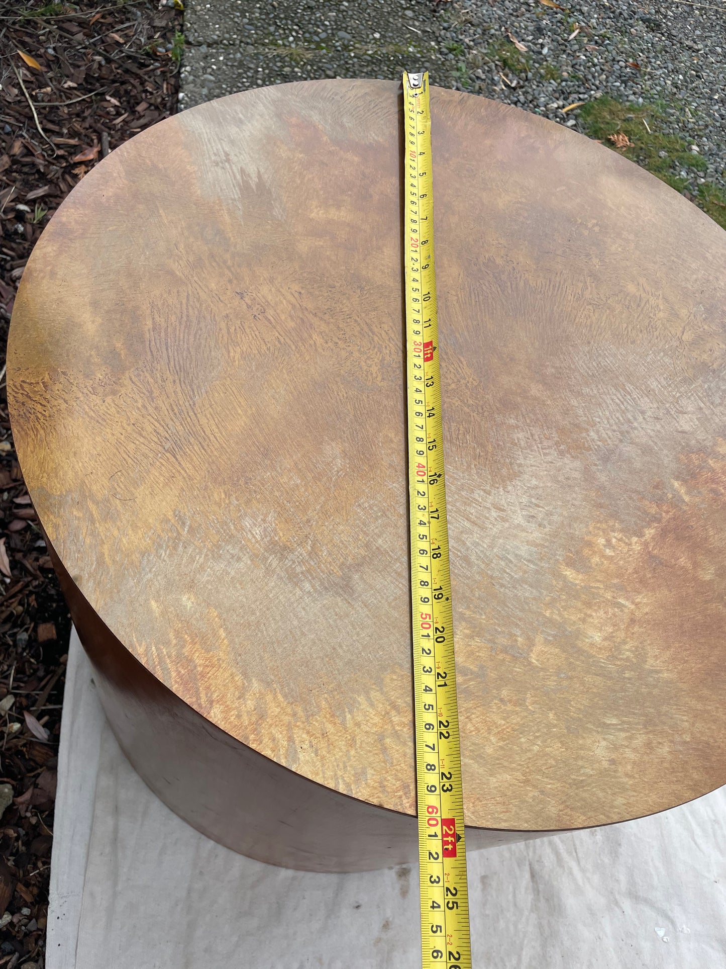 Late 20th Century Paul Mayen Style Cherry Wood Drum Table With Oxidized Metal Top