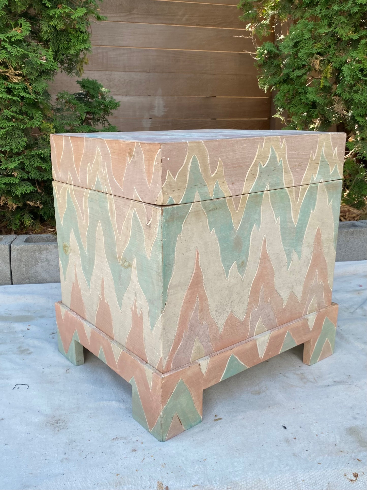 Vintage Hand-Painted Flame Chevron Wood Box on Stand