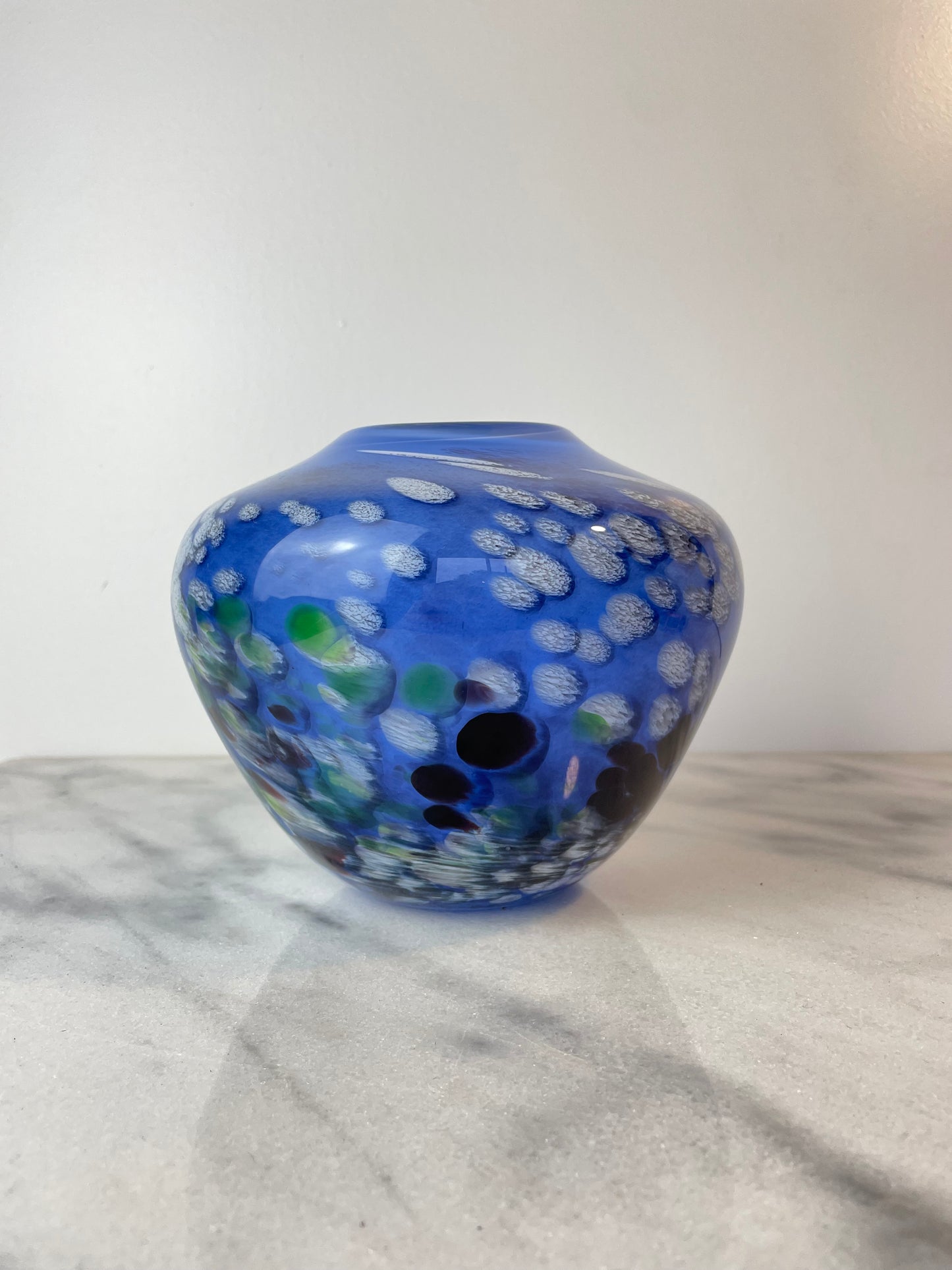 Signed James Kingwell Icefire Art Glass Vase in Blue Purple & White