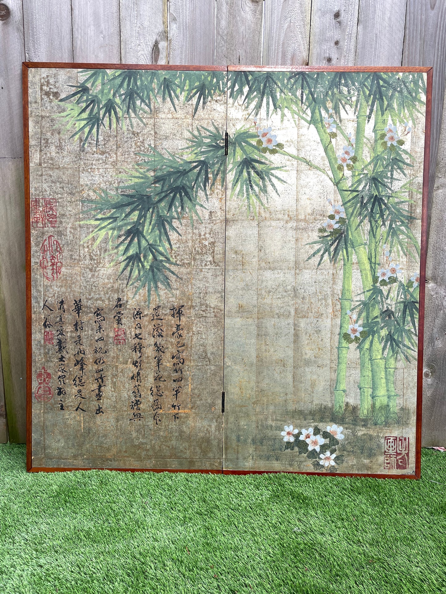 Mid 20th Century Chinese Inspired "Bamboo Scene With Poem" Hand-Painted Gold Foil 2-Panel Screen