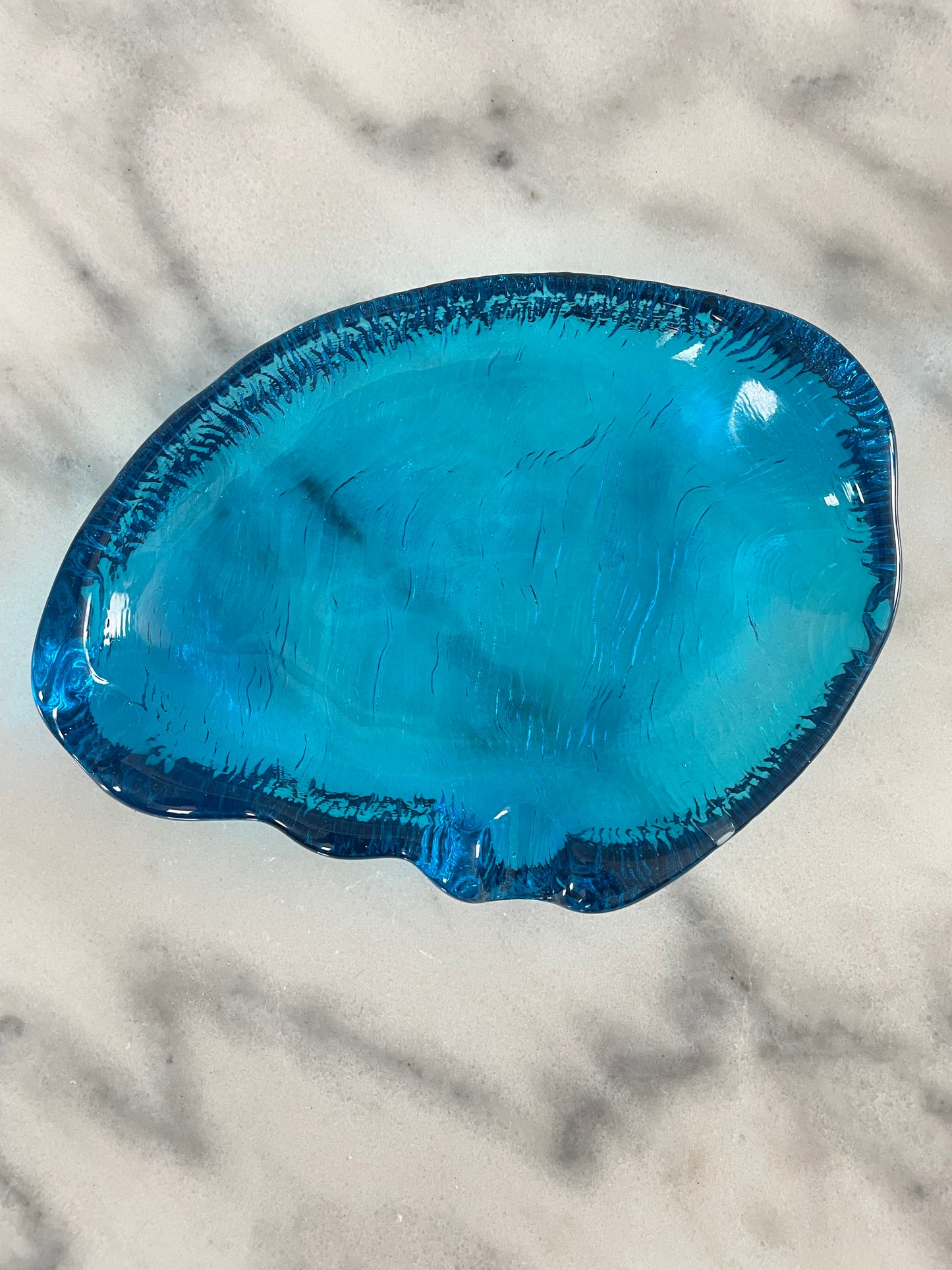 Mid-Century Blenko Sapphire Blue Amorphous Heavy Glass Tray Catchall