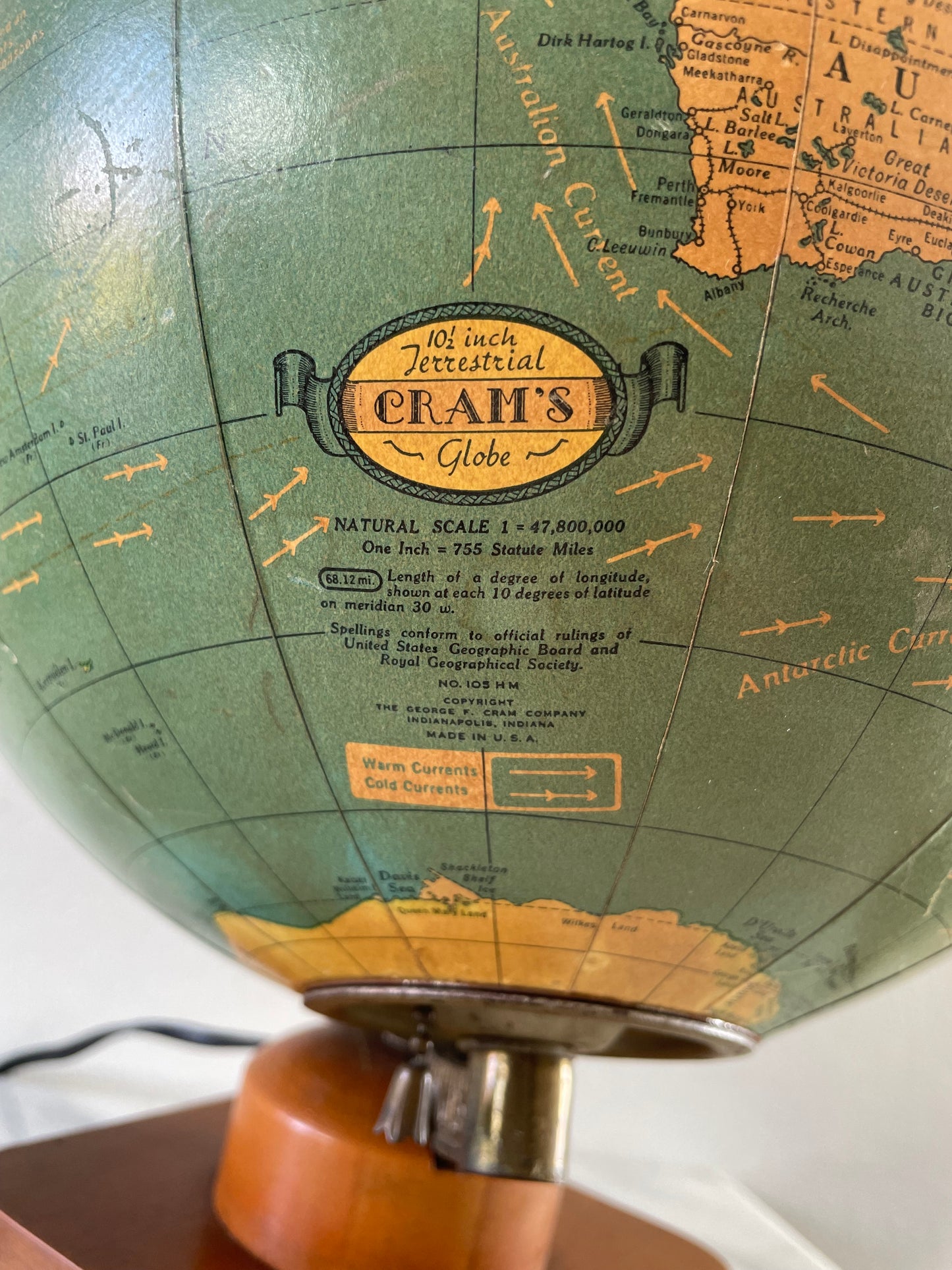 1941 George F Cram Terrestrial Glass Illuminated Globe