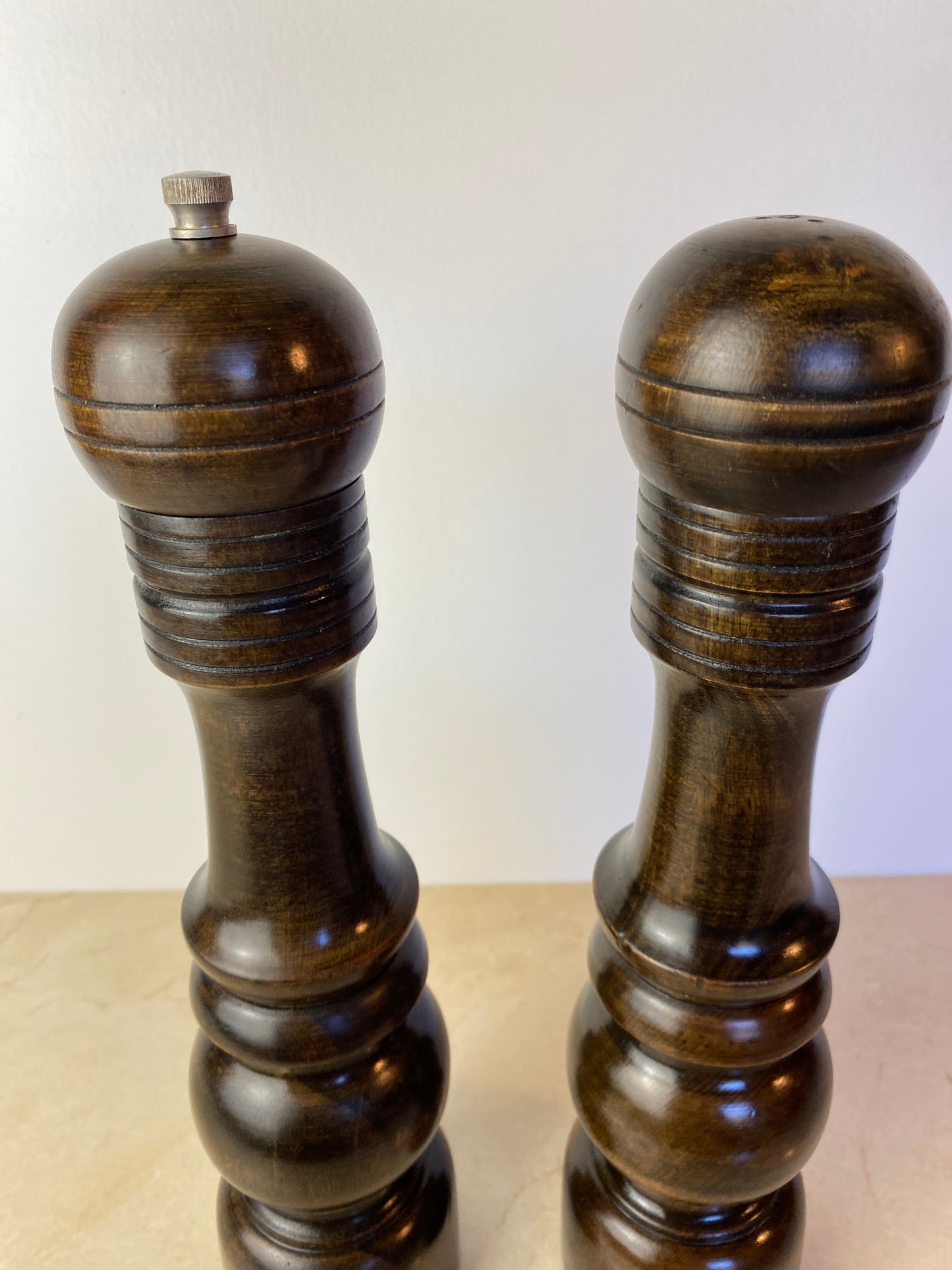 Vintage Made in Japan Dark Hardwood Salt & Pepper Mill Set, Turned Wood Grinder Pair