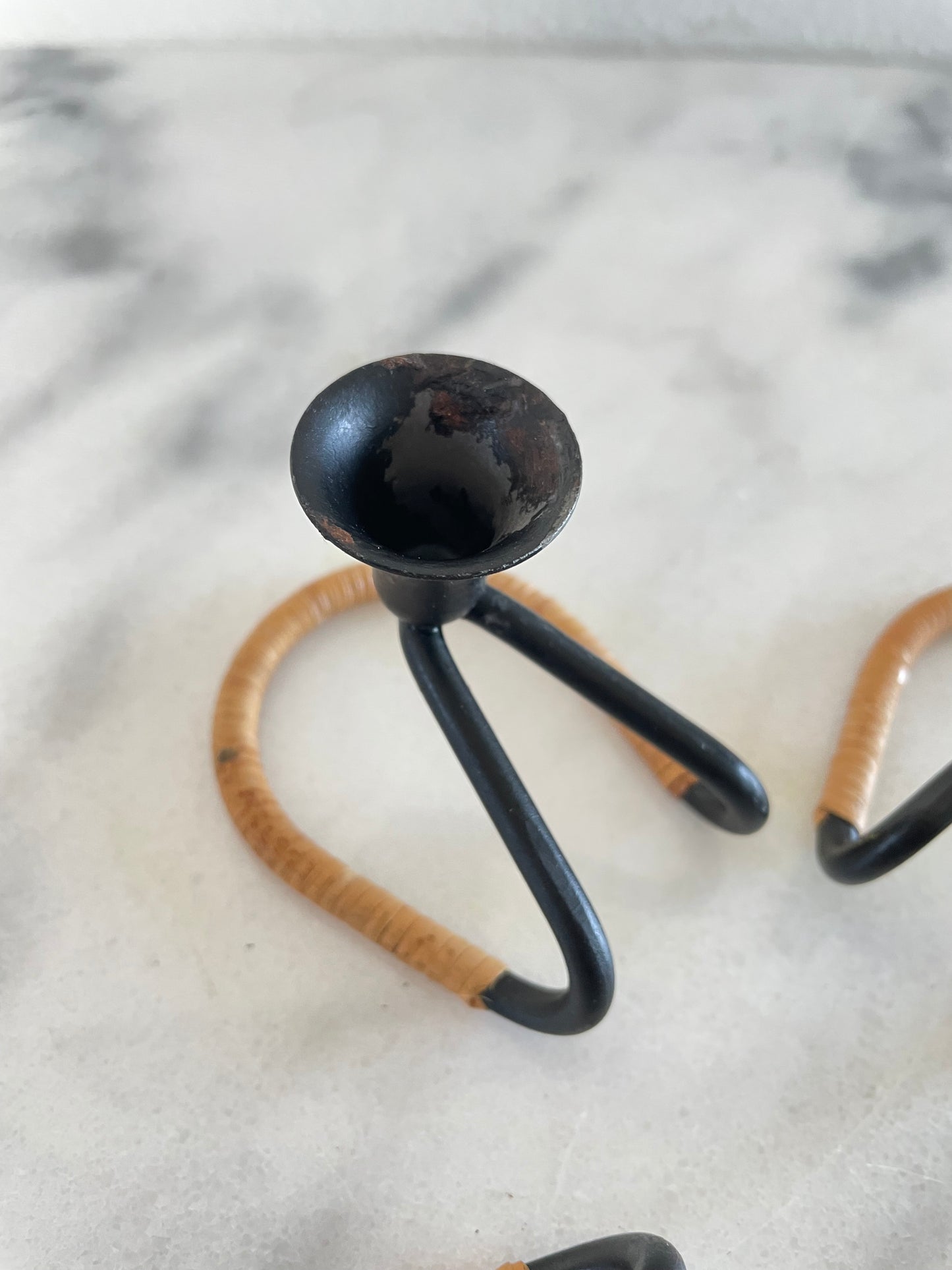 Mid 20th Century Walter Bosse Blacked Steel & Woven Natural Raffia Fiber Candlesticks, Unmarked - Set of 4