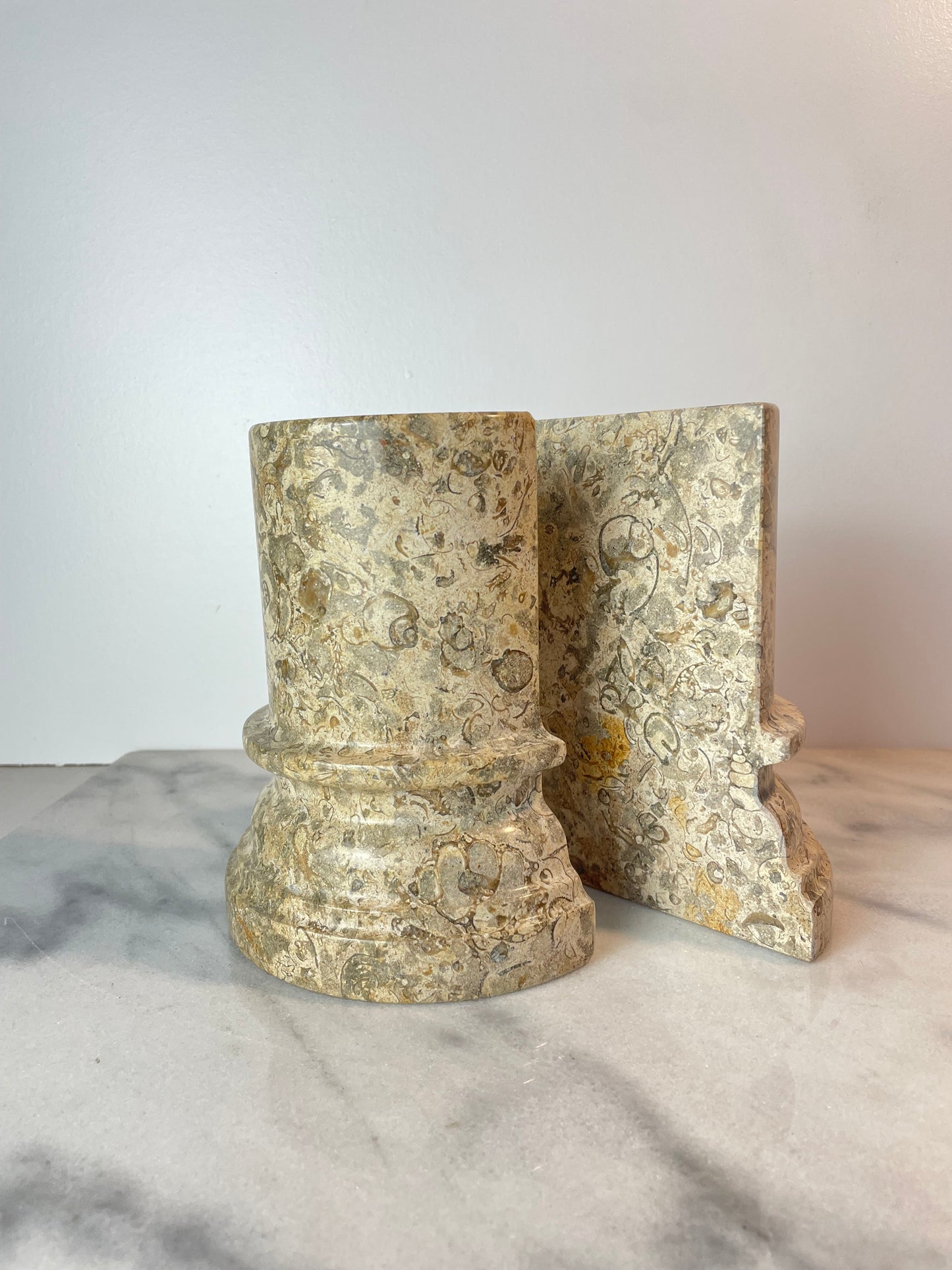 1980s Postmodern Fossil Stone Column Bookends Sculptural Natural Stone Pair