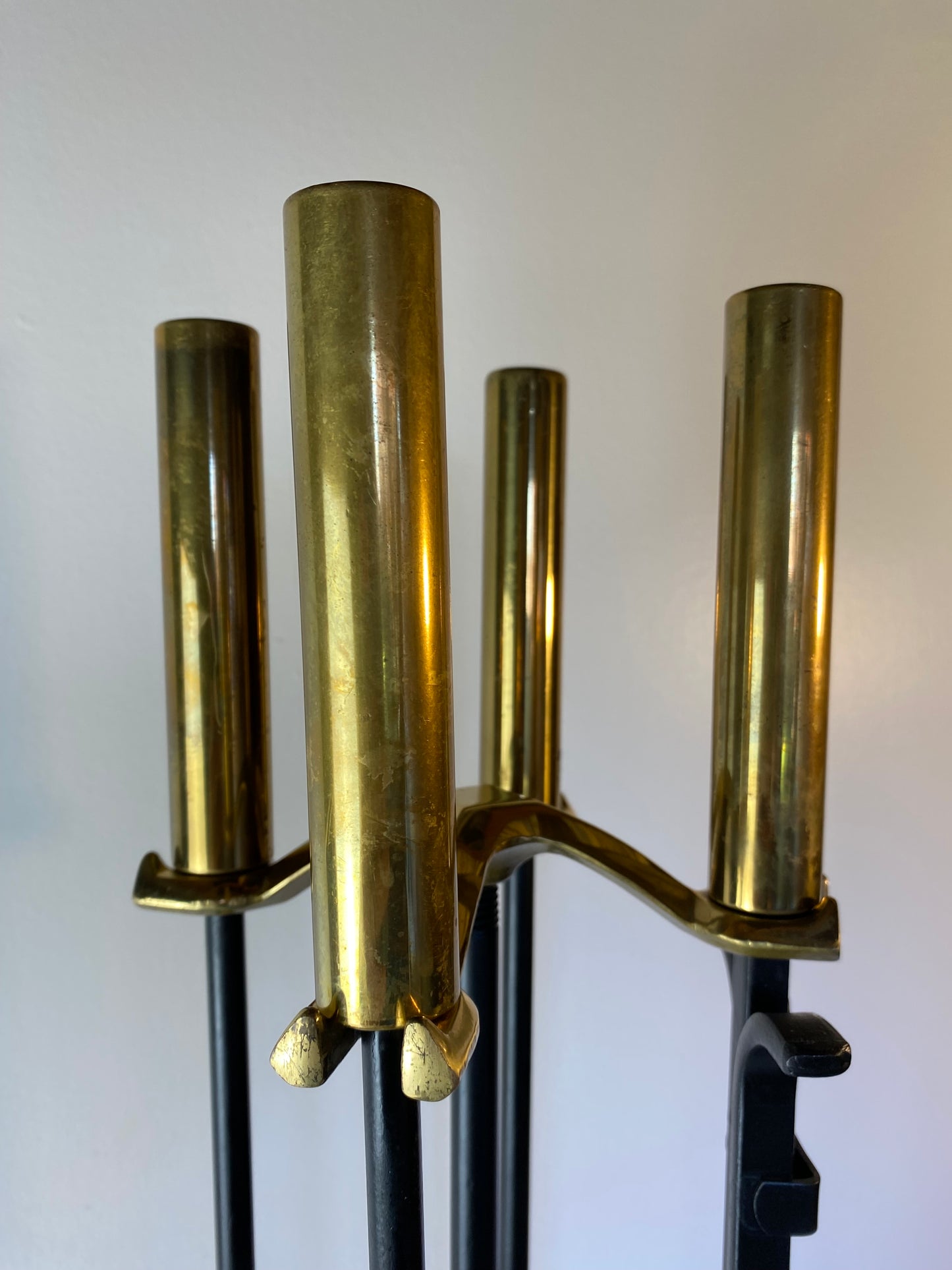 Modern Brass and Black Metal Fireplace Tool Set 4-Piece With Stand