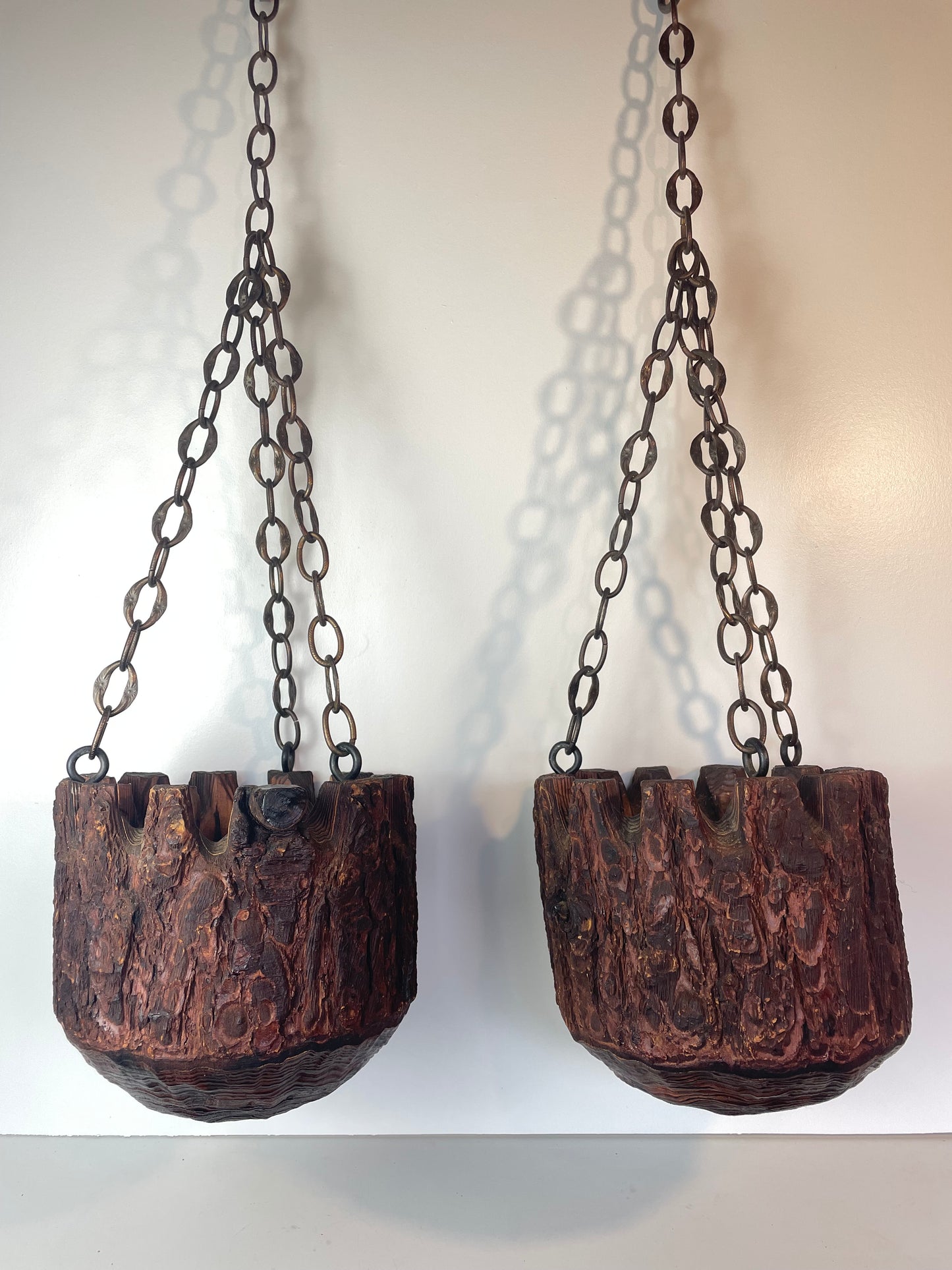 Mid 20th Century Rustic Mission Style Redwood Swag Chain Hanging Planters - A Pair