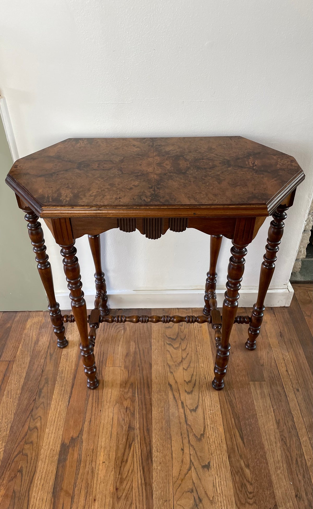 Antique Victorian Burl Walnut Octagonal Side Table, Bobbin Turned Legs