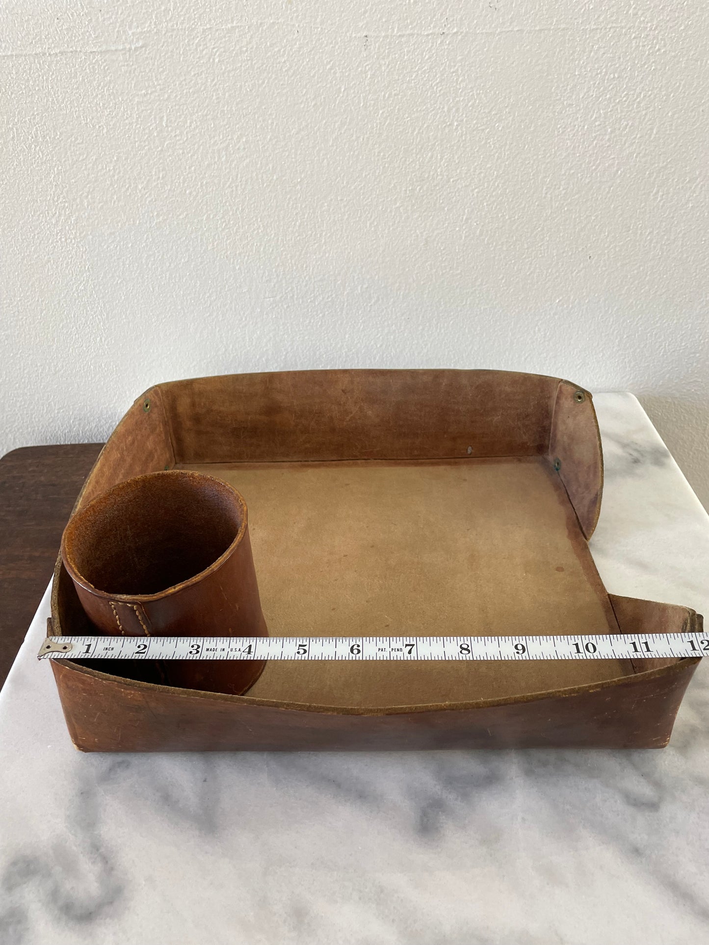 Vintage Cognac Distressed Leather Desk Accessories - Paper Tray & Pencil Cup- 2 Pieces