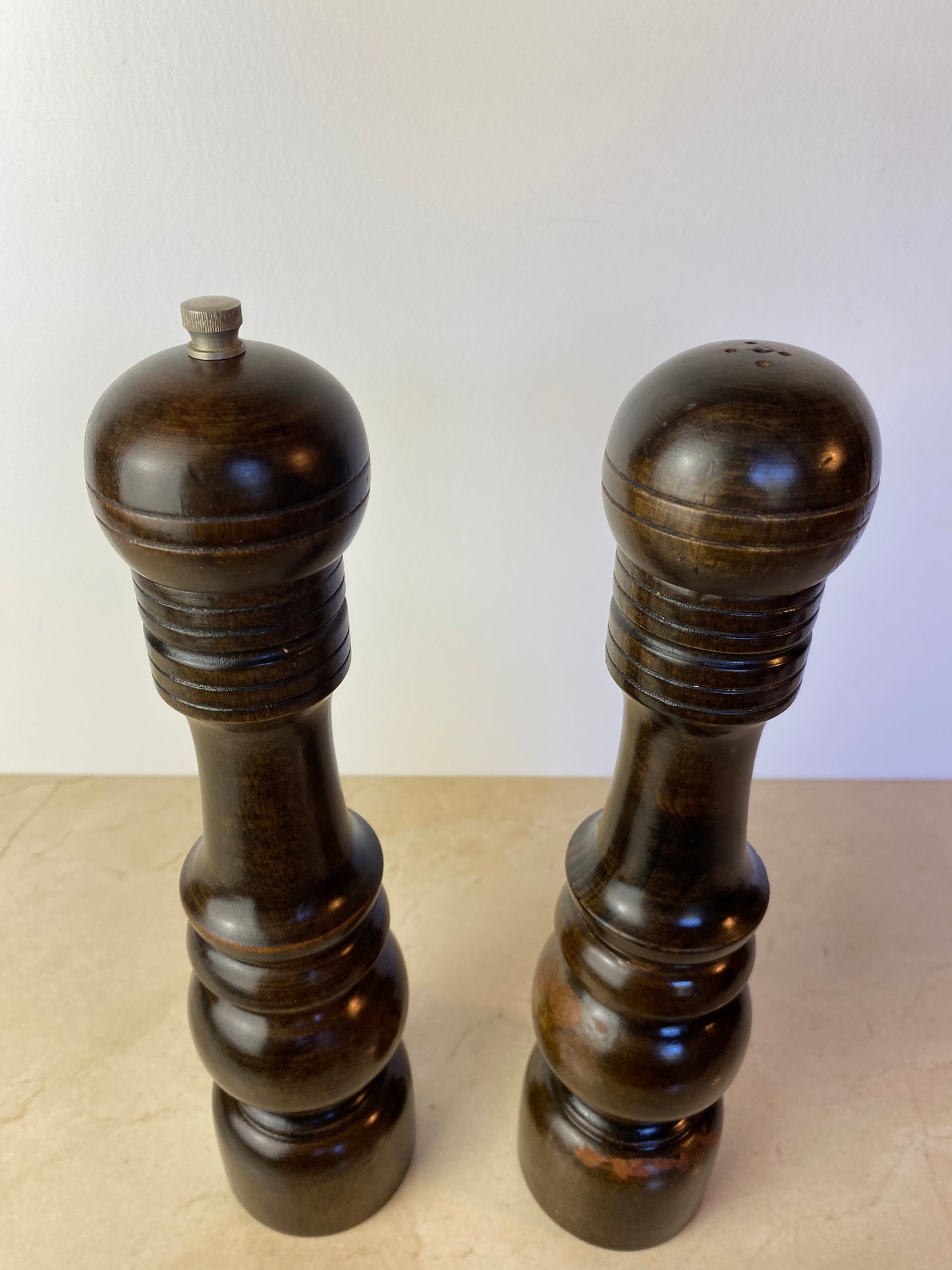 Vintage Made in Japan Dark Hardwood Salt & Pepper Mill Set, Turned Wood Grinder Pair