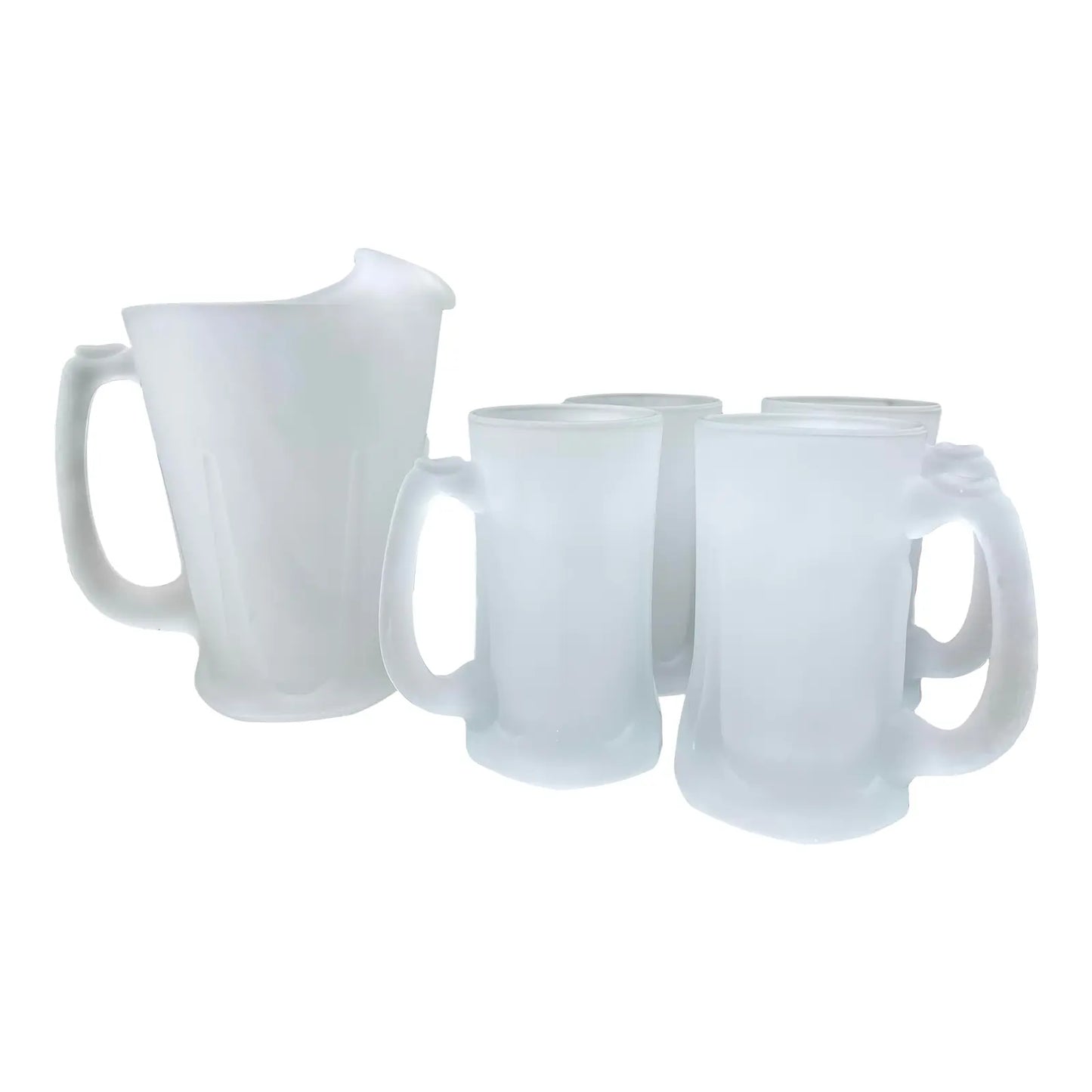 1970s Mid-Century Modern Frosted Sculpted Glass Pitcher & Mugs - Set of 5