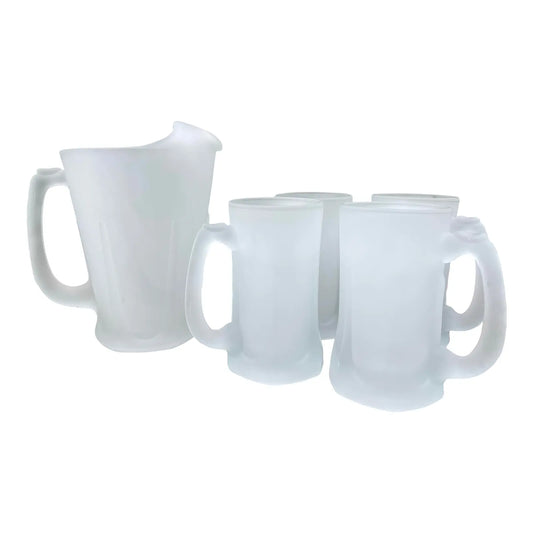 1970s Mid-Century Modern Frosted Sculpted Glass Pitcher & Mugs - Set of 5