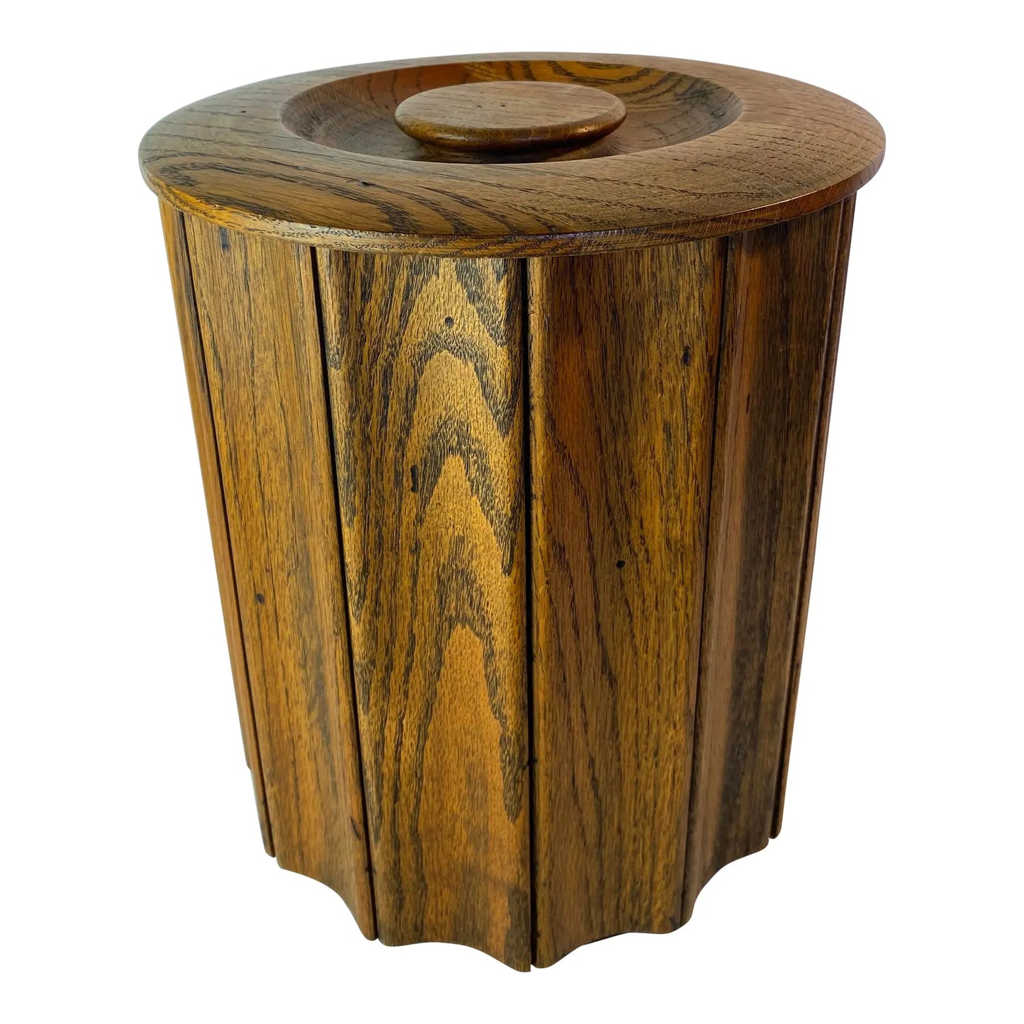 1970s Mid-Century Modern Oak Ice Bucket With Lid — Fluted Slat Barware